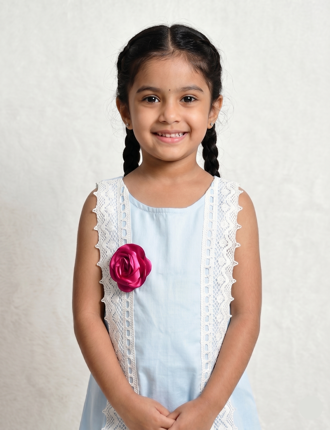Girl's Light Blue A-Line Dress with White Lace Trim & Floral Accents