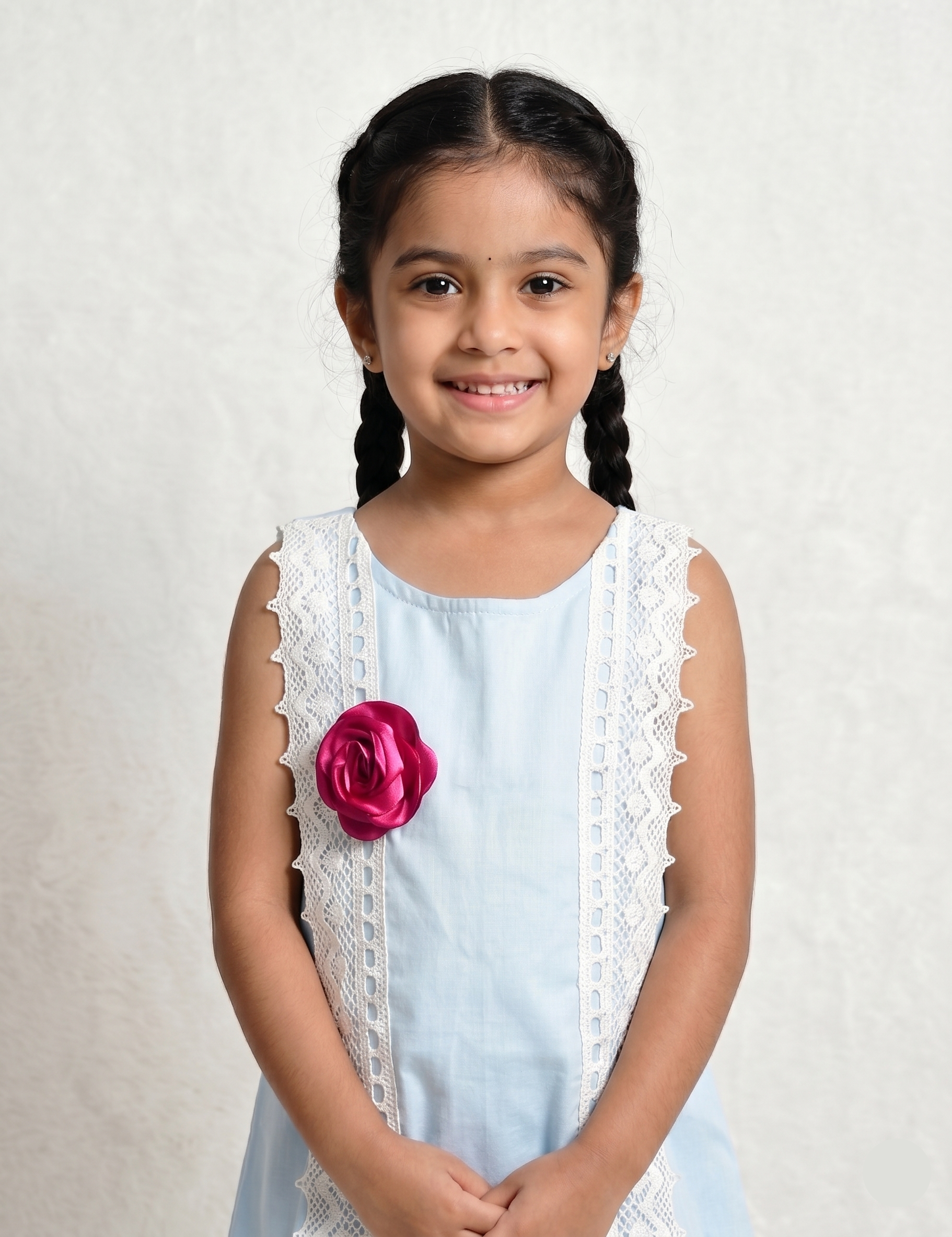 Girl's Light Blue A-Line Dress with White Lace Trim & Floral Accents