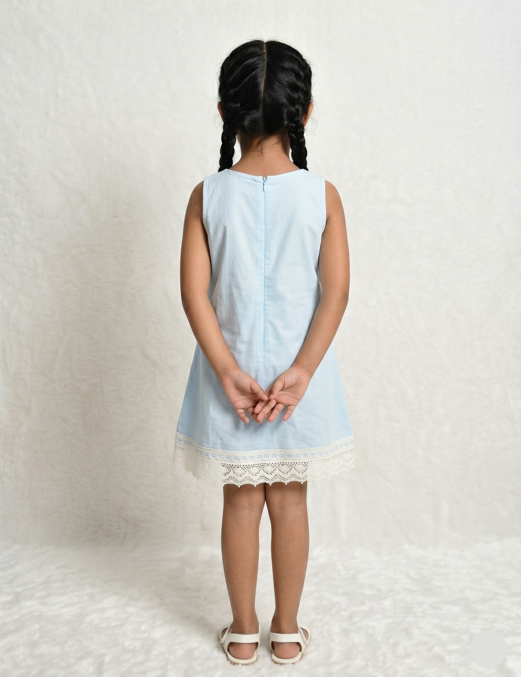 Girl's Light Blue A-Line Dress with White Lace Trim & Floral Accents