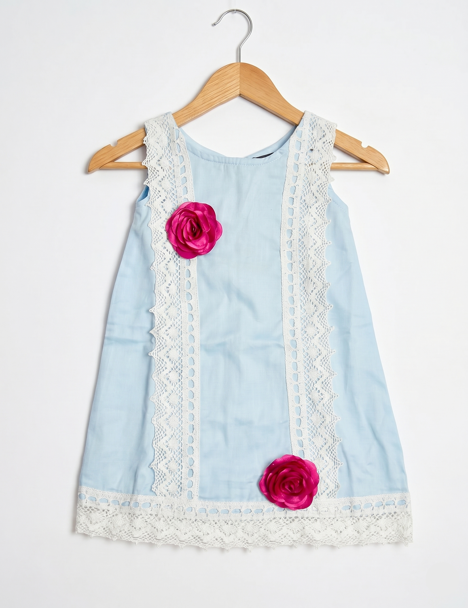 Girl's Light Blue A-Line Dress with White Lace Trim & Floral Accents