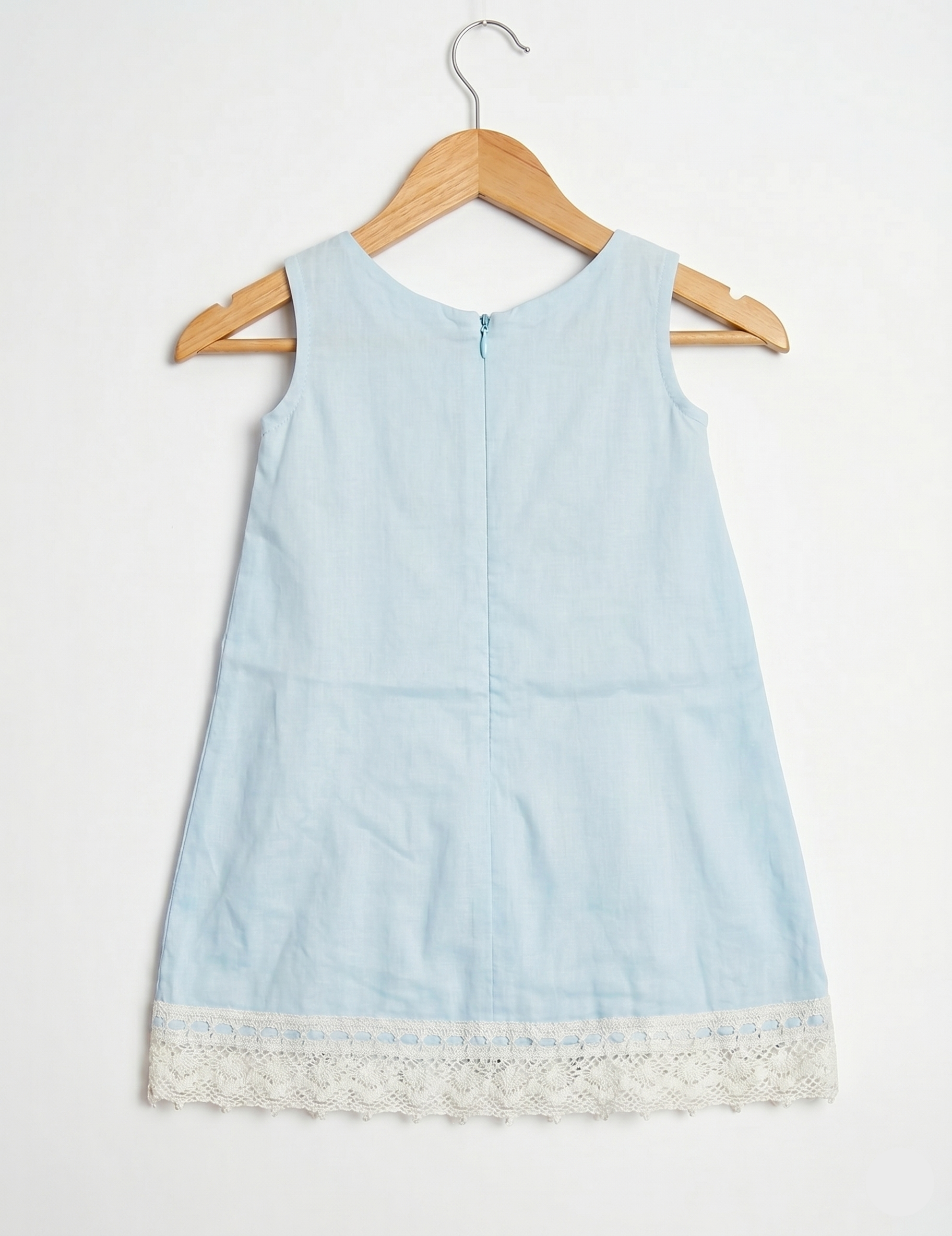 Girl's Light Blue A-Line Dress with White Lace Trim & Floral Accents