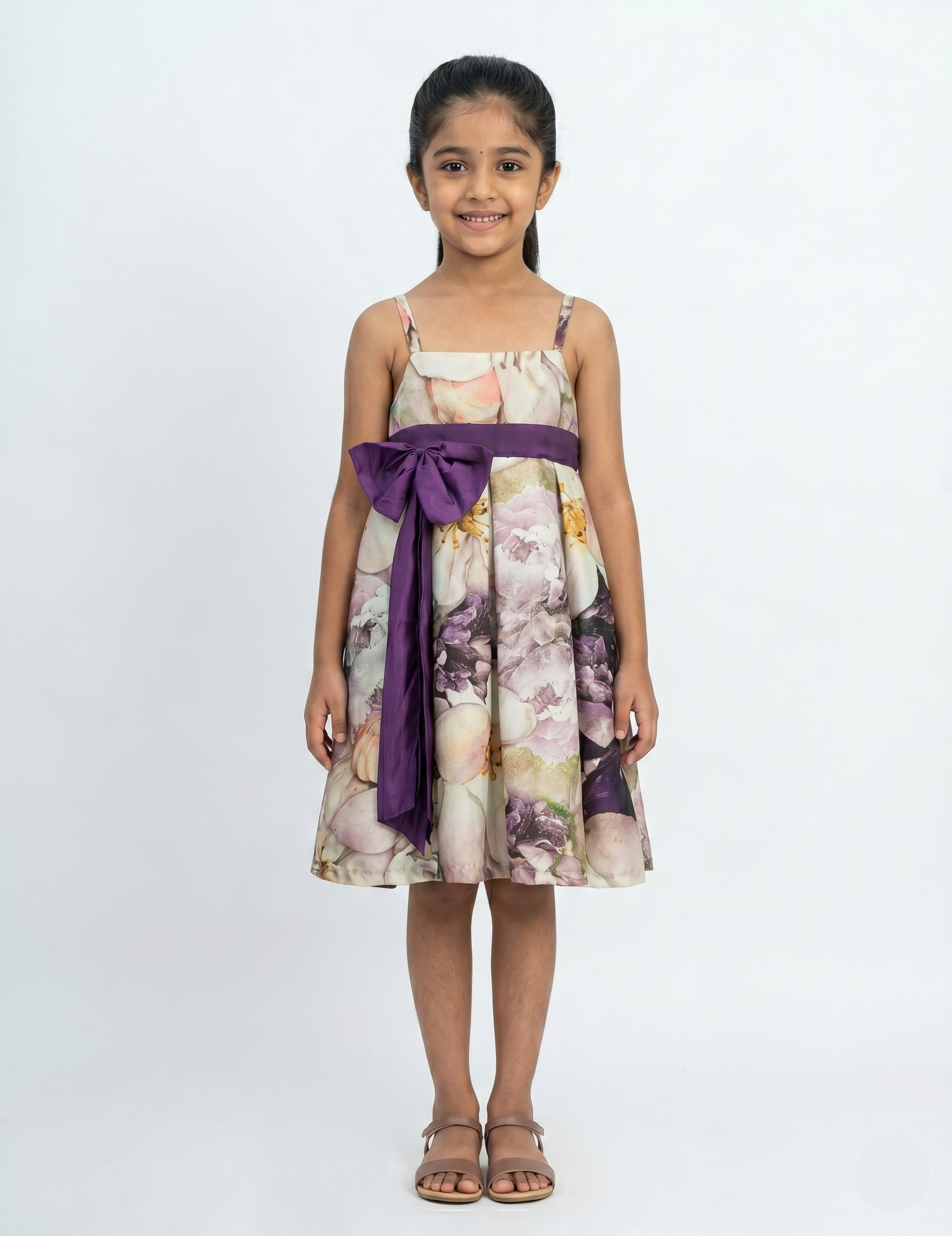 Elegant Floral Satin Dress with Contrast Purple Ribbon