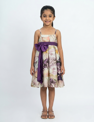 Elegant Floral Satin Dress with Contrast Purple Ribbon