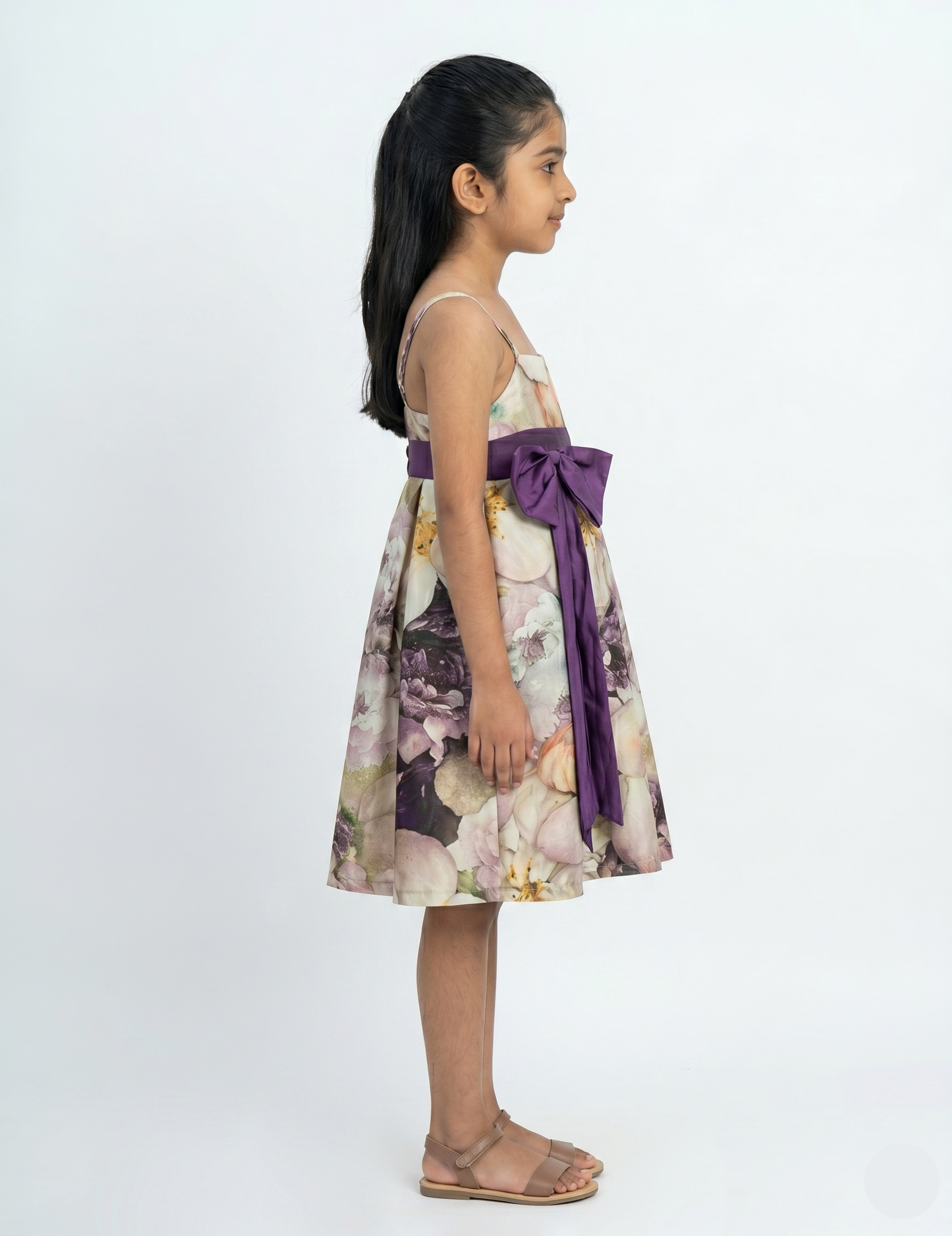 Elegant Floral Satin Dress with Contrast Purple Ribbon