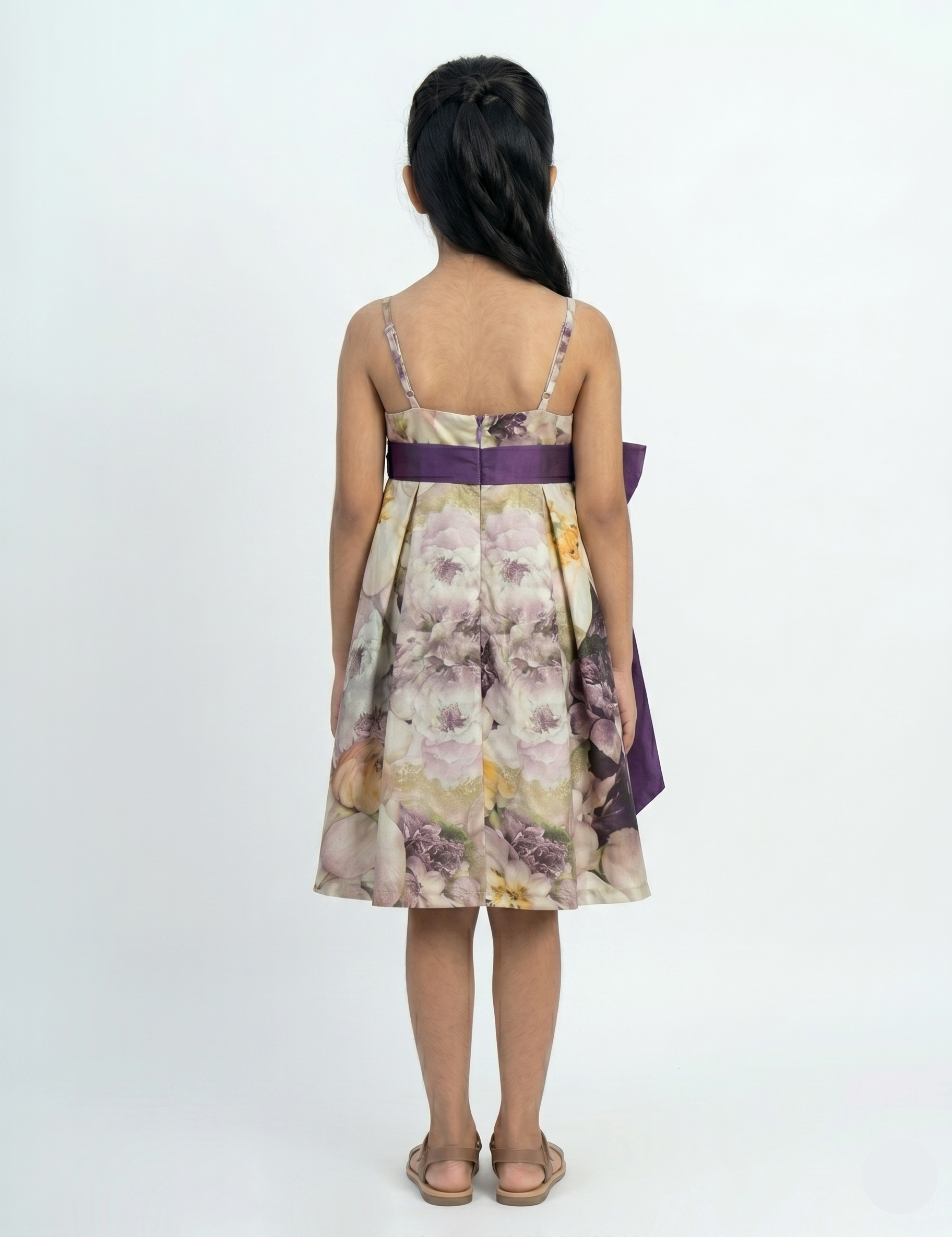 Elegant Floral Satin Dress with Contrast Purple Ribbon