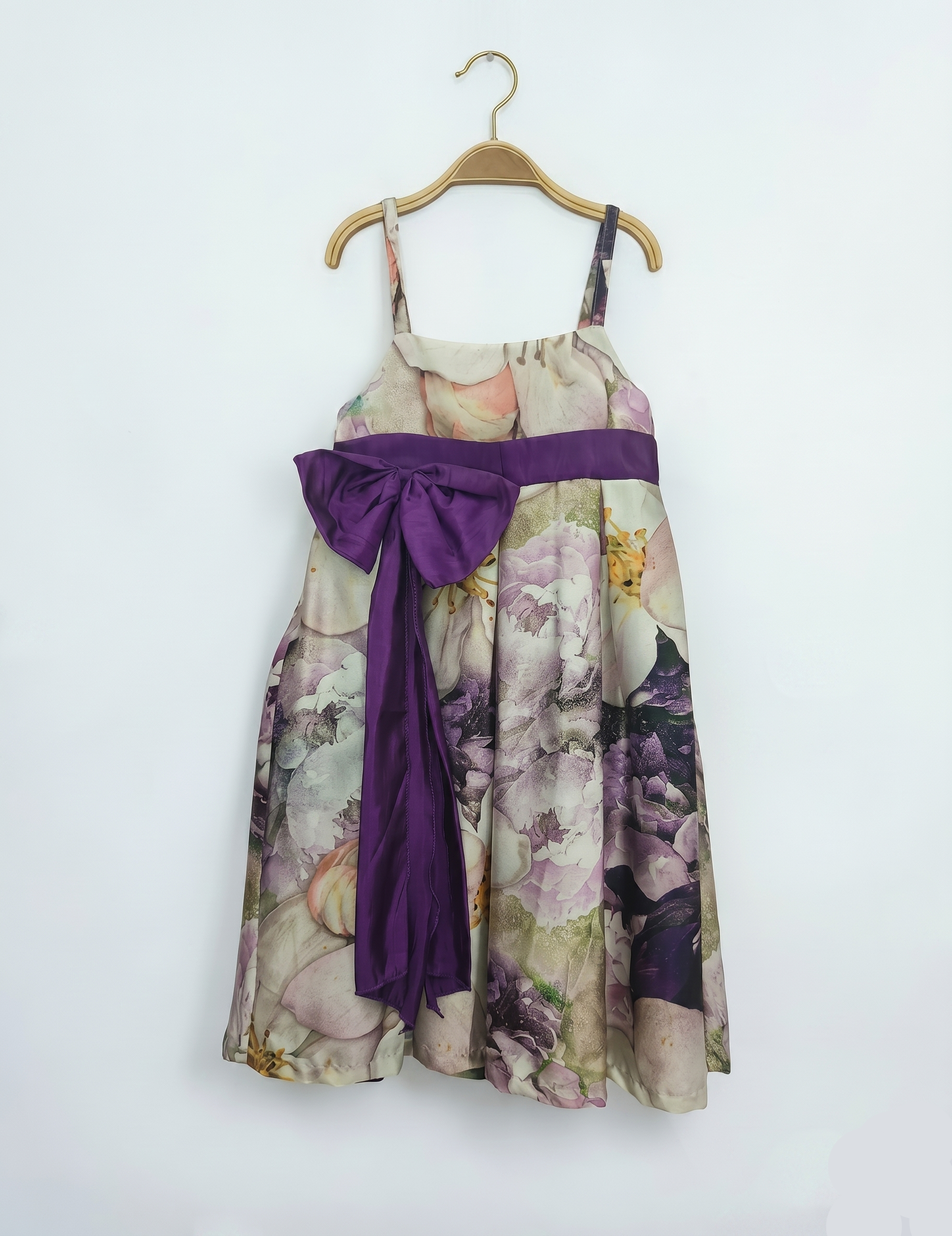 Elegant Floral Satin Dress with Contrast Purple Ribbon