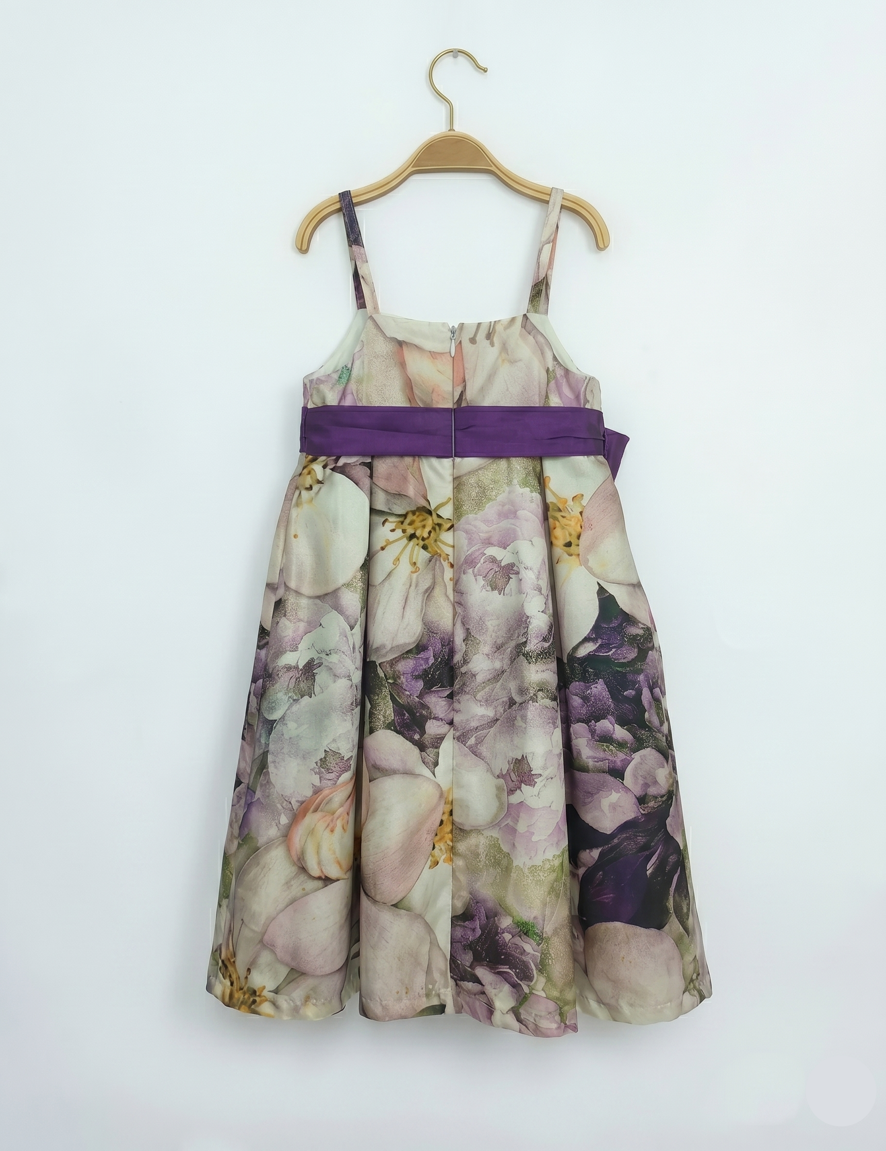 Elegant Floral Satin Dress with Contrast Purple Ribbon