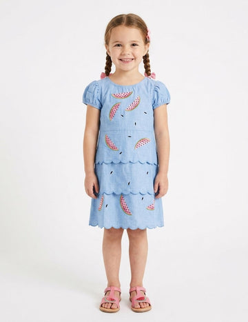 Girl's Light Blue Watermelon Print Tiered Scalloped Dress