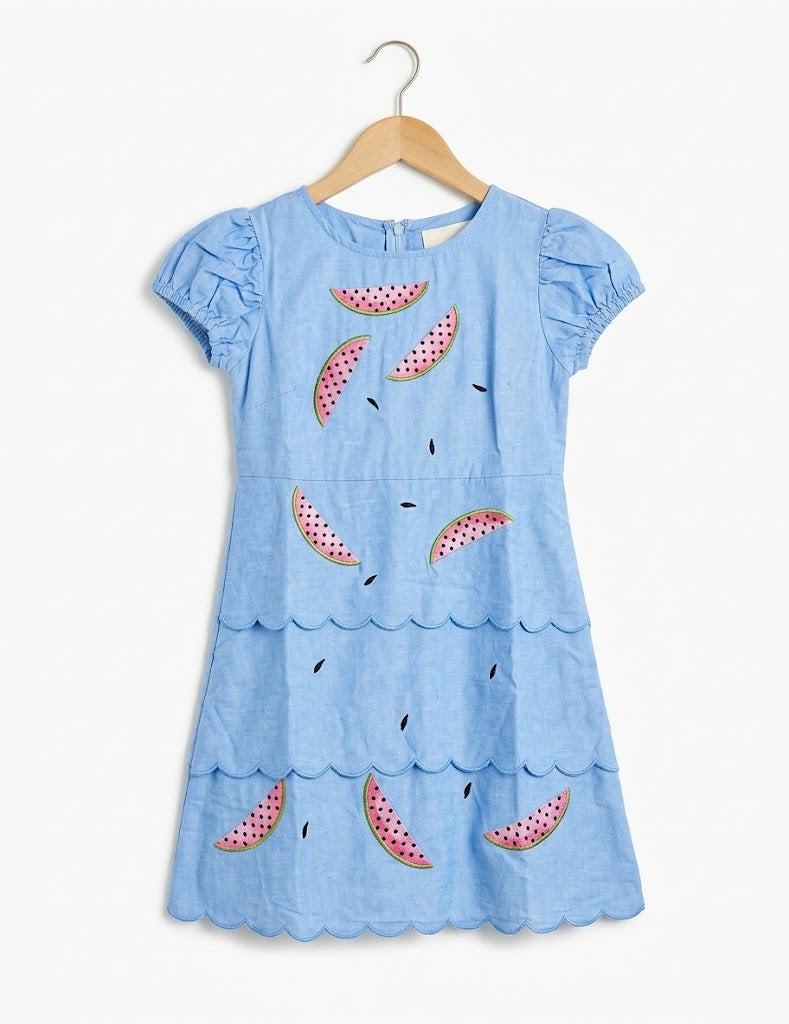 Girl's Light Blue Watermelon Print Tiered Scalloped Dress