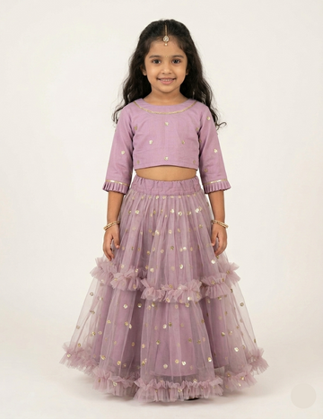 Girls' Mauve Party Wear Lehenga – Tiered Net Skirt with Gold Accents