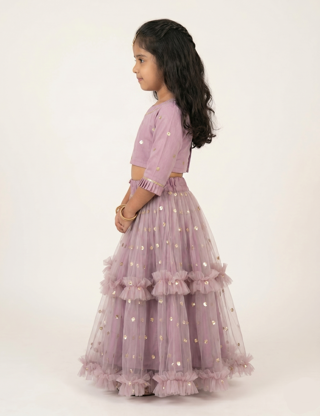 Girls' Mauve Party Wear Lehenga – Tiered Net Skirt with Gold Accents