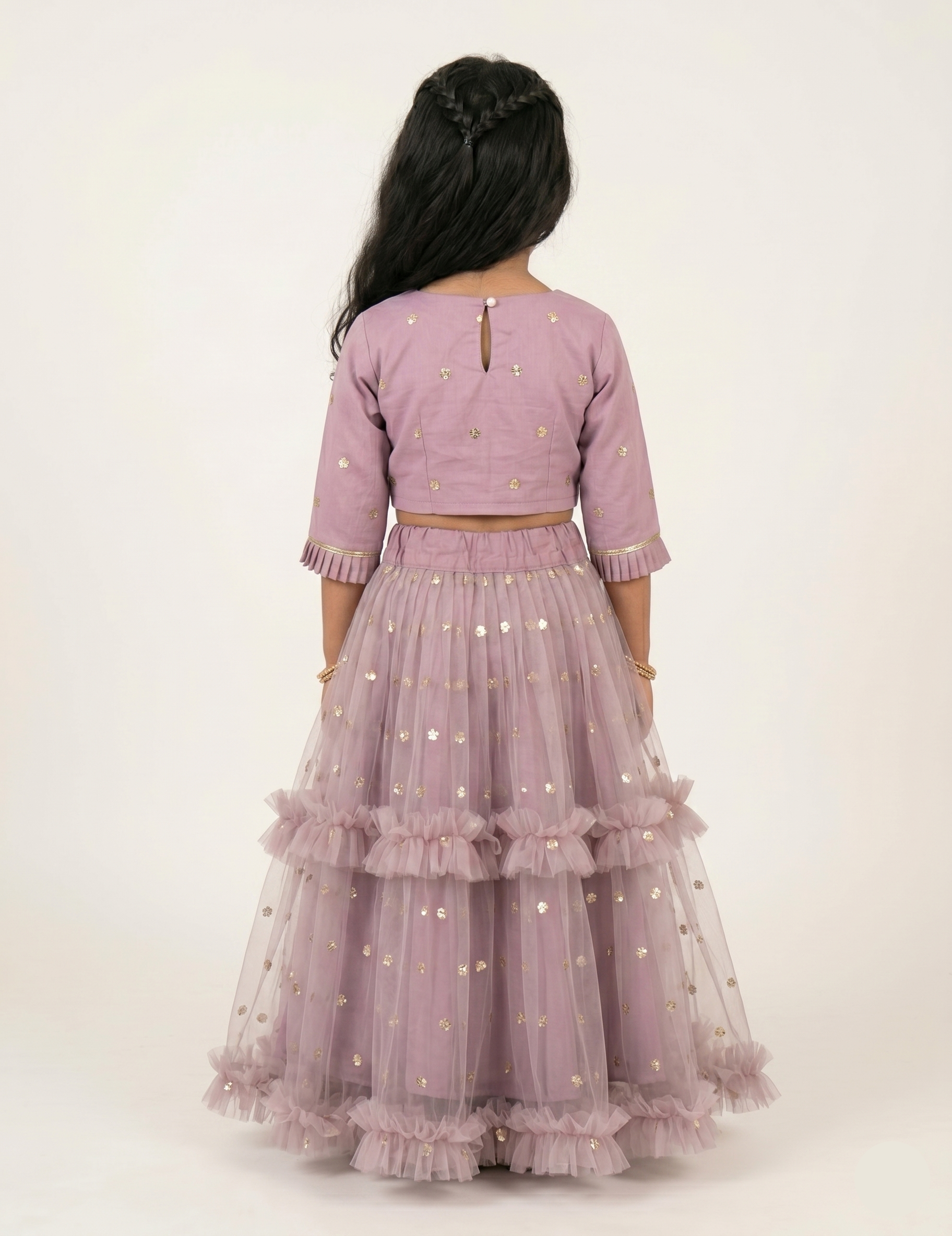 Girls' Mauve Party Wear Lehenga – Tiered Net Skirt with Gold Accents