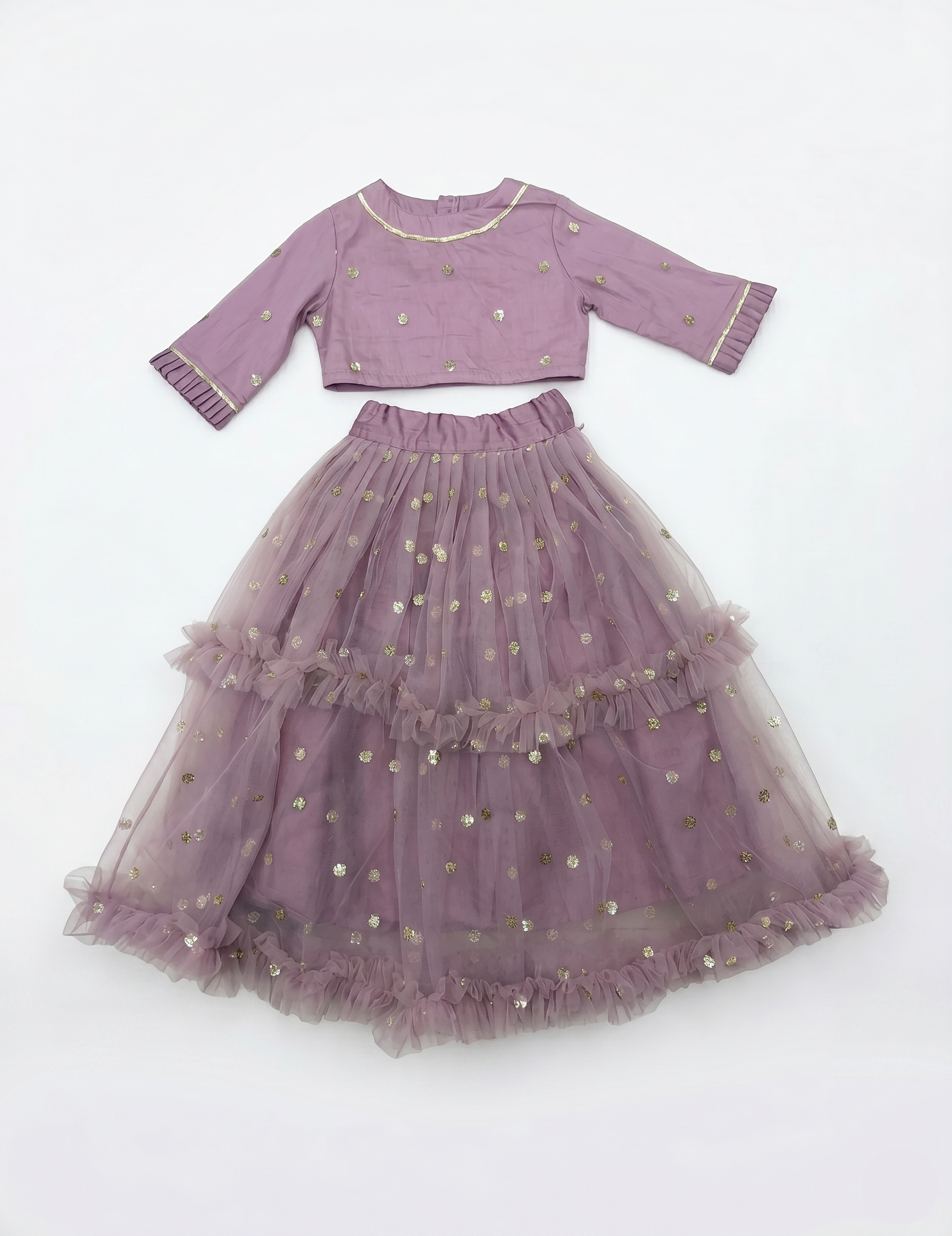 Girls' Mauve Party Wear Lehenga – Tiered Net Skirt with Gold Accents