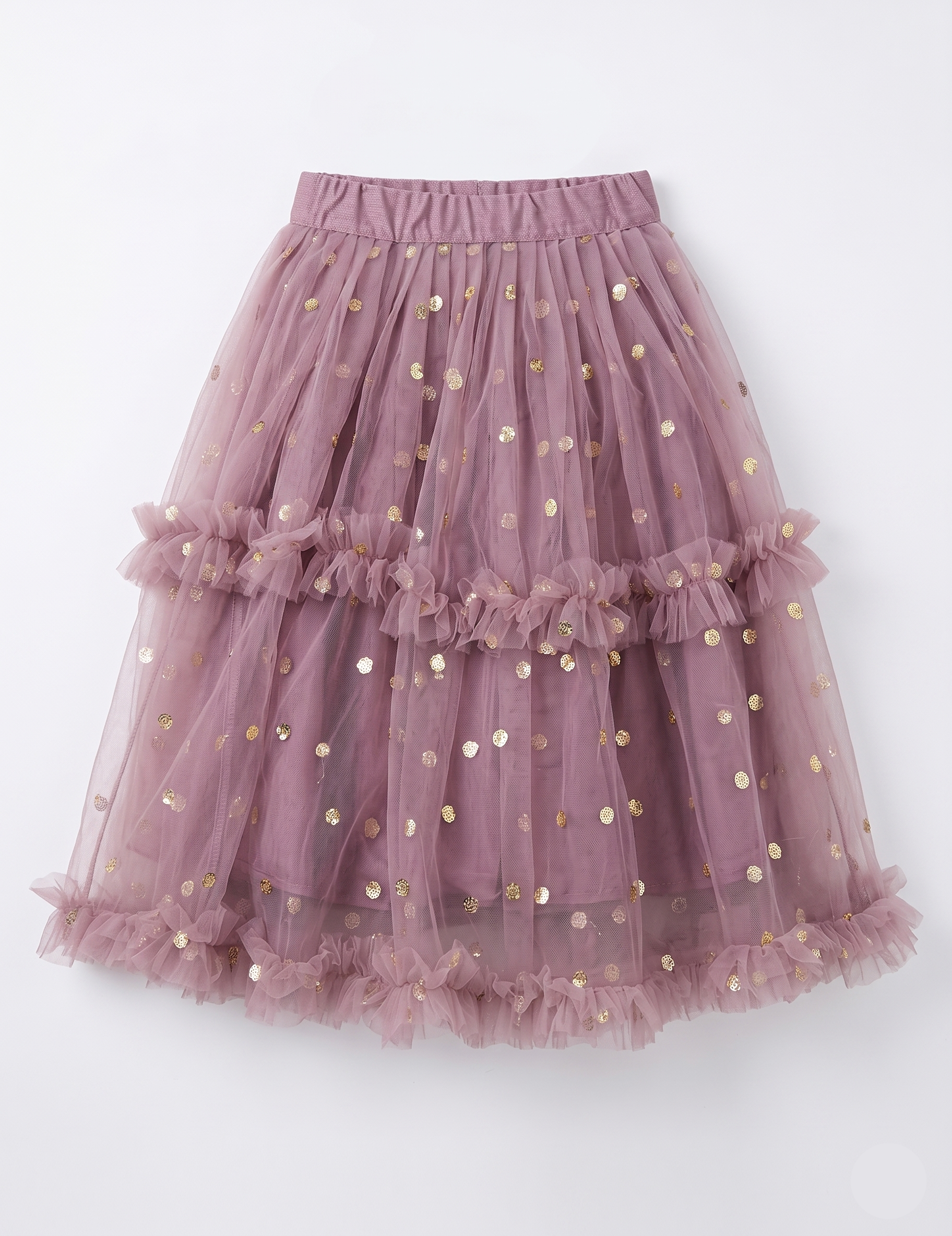 Girls' Mauve Party Wear Lehenga – Tiered Net Skirt with Gold Accents