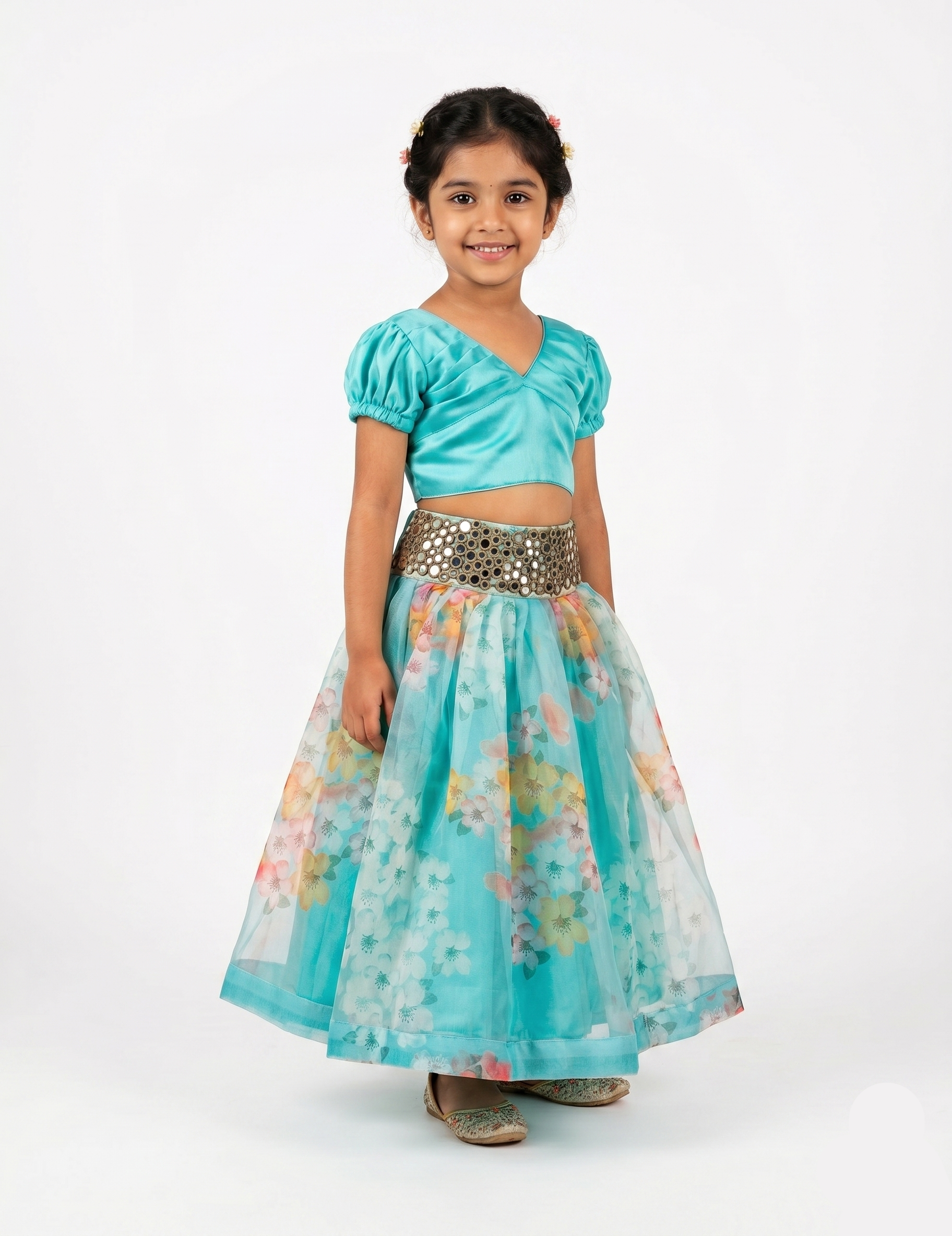 Aqua Blue Printed Lehenga Set with Shimmer Choli & Mirror Border