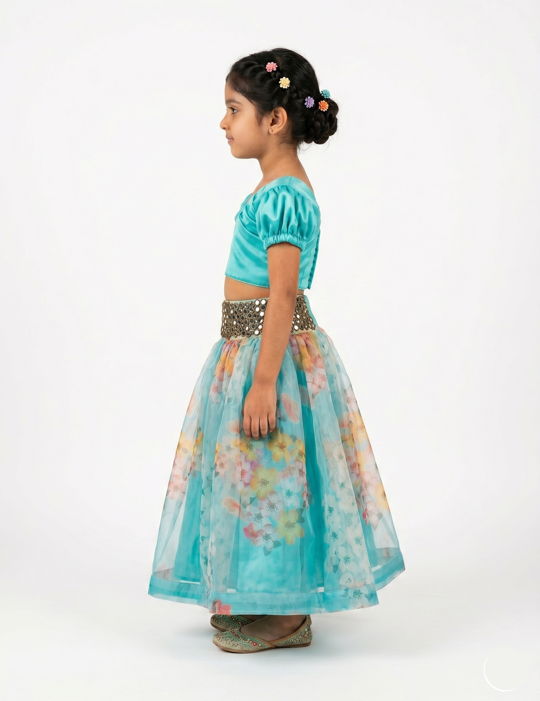 Aqua Blue Printed Lehenga Set with Shimmer Choli & Mirror Border