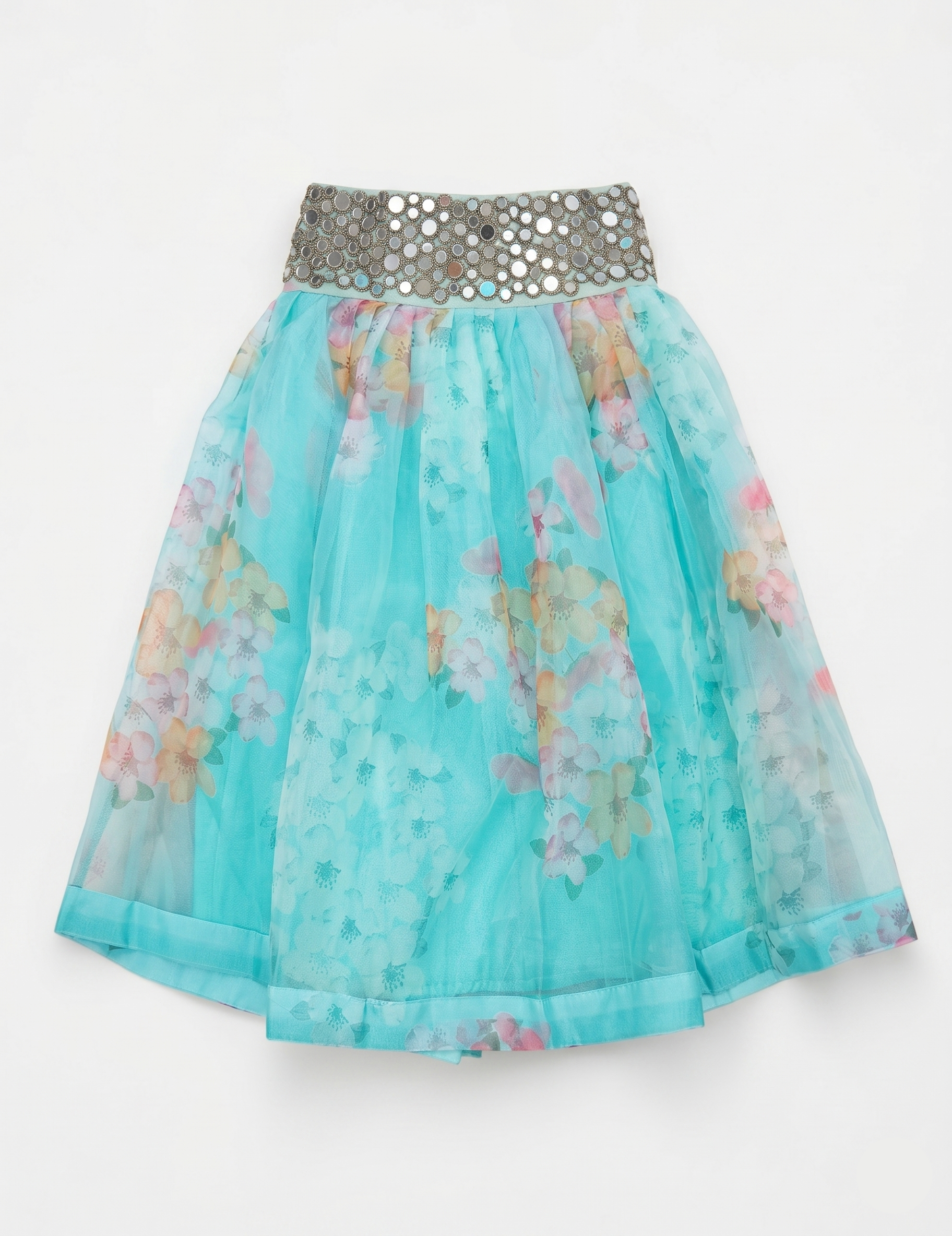 Aqua Blue Printed Lehenga Set with Shimmer Choli & Mirror Border