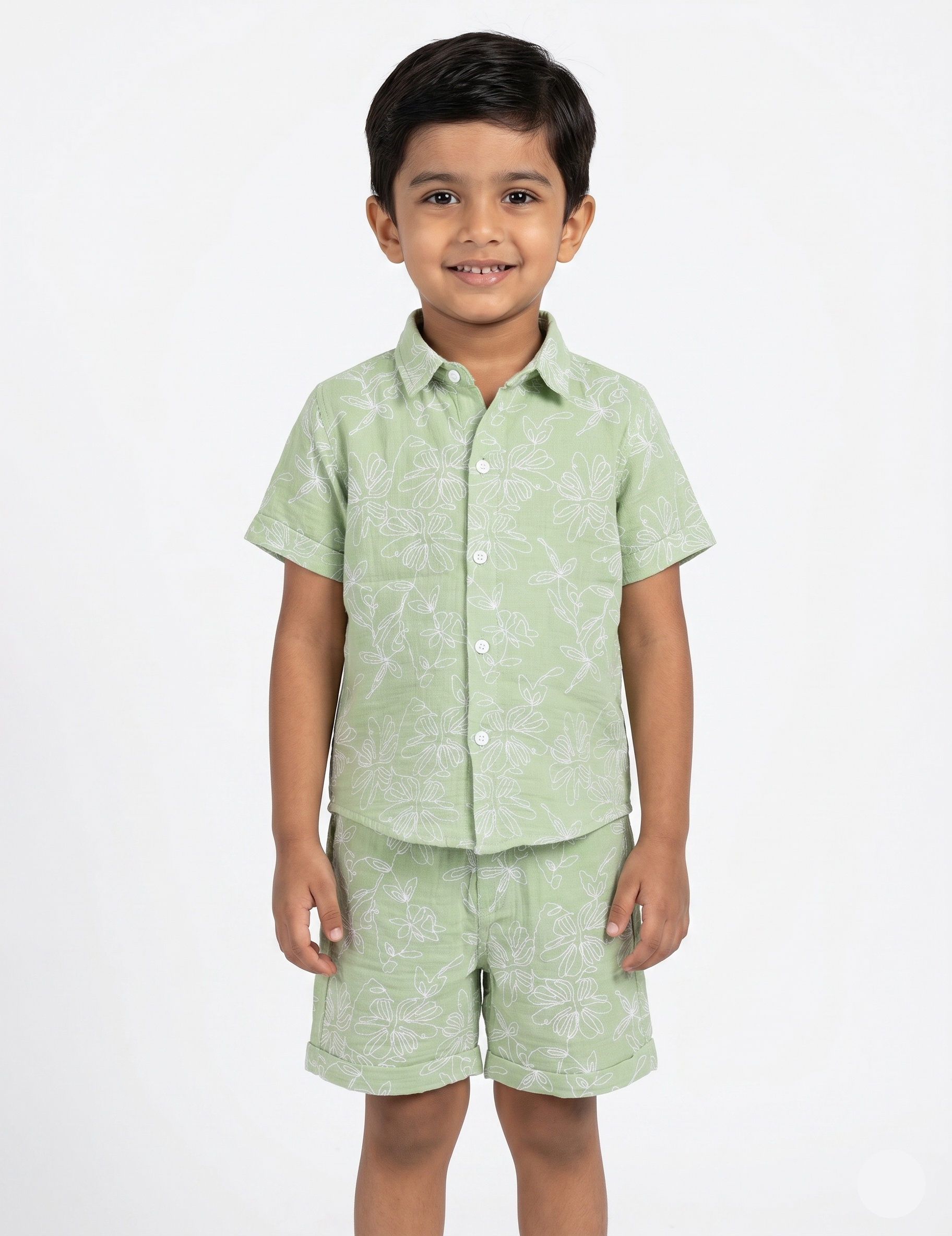Sage Floral Muslin Button-Down & Shorts Set