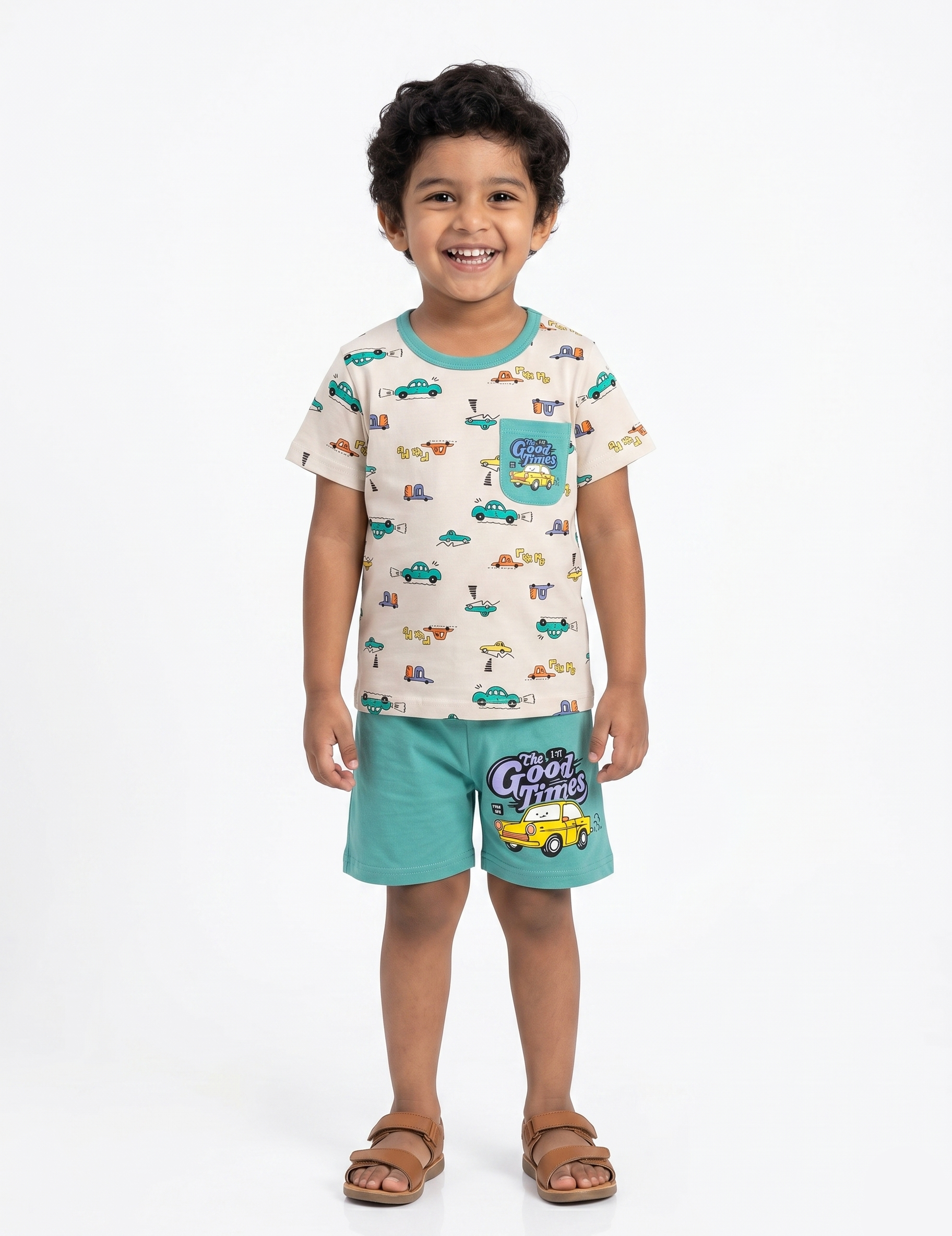 Boys' Fun Cartoon Car Print Summer Outfit - Beige & Teal