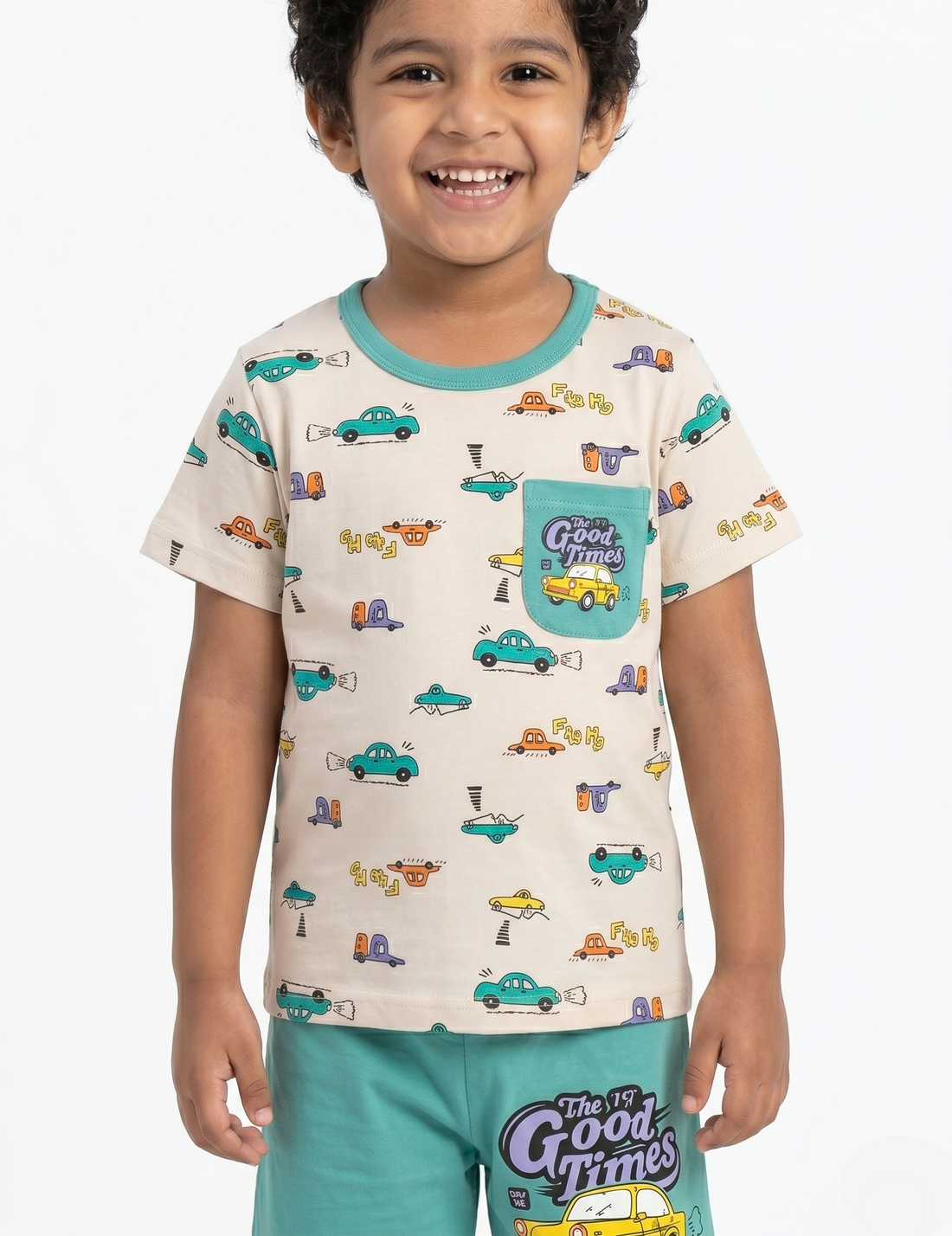 Boys' Fun Cartoon Car Print Summer Outfit - Beige & Teal