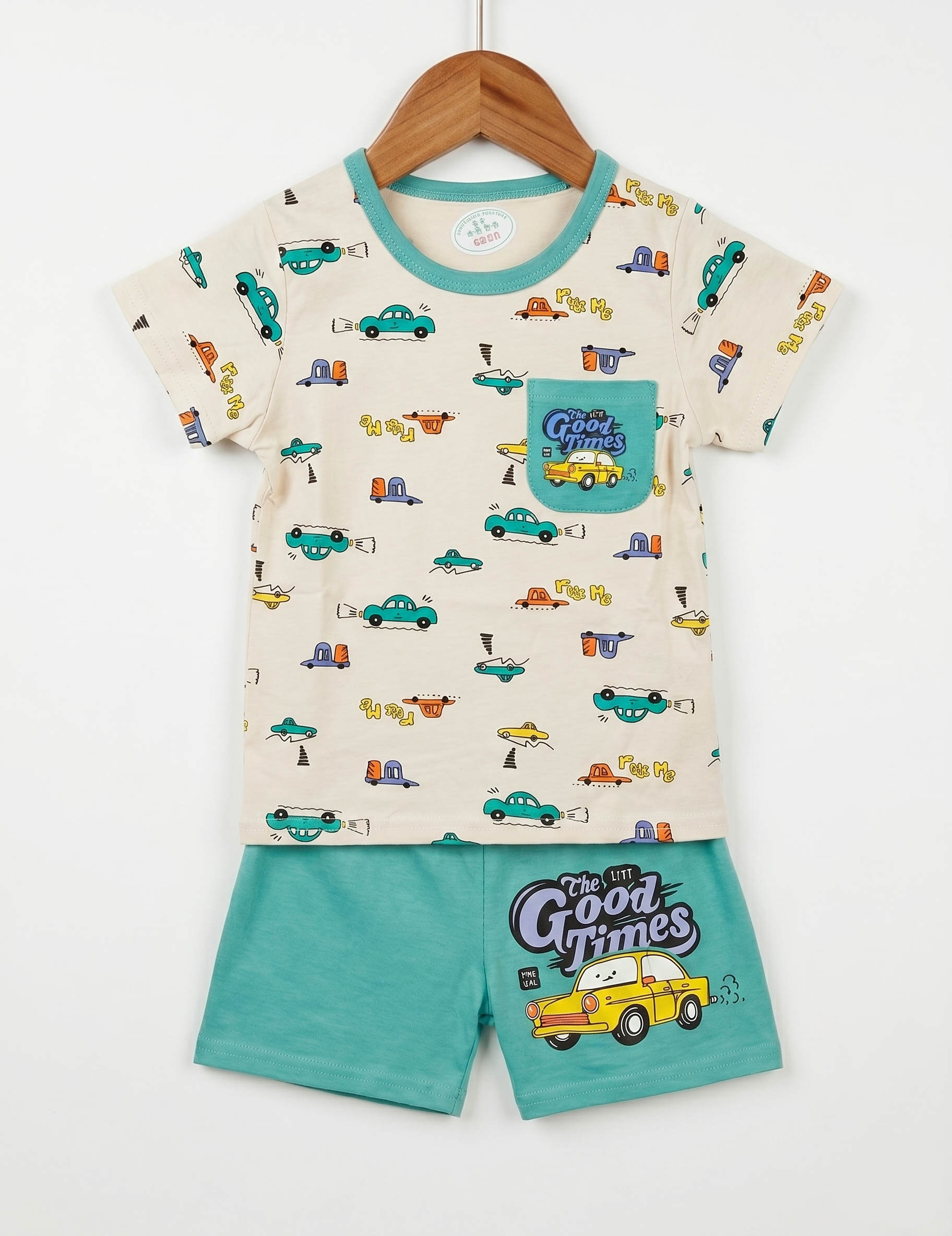 Boys' Fun Cartoon Car Print Summer Outfit - Beige & Teal