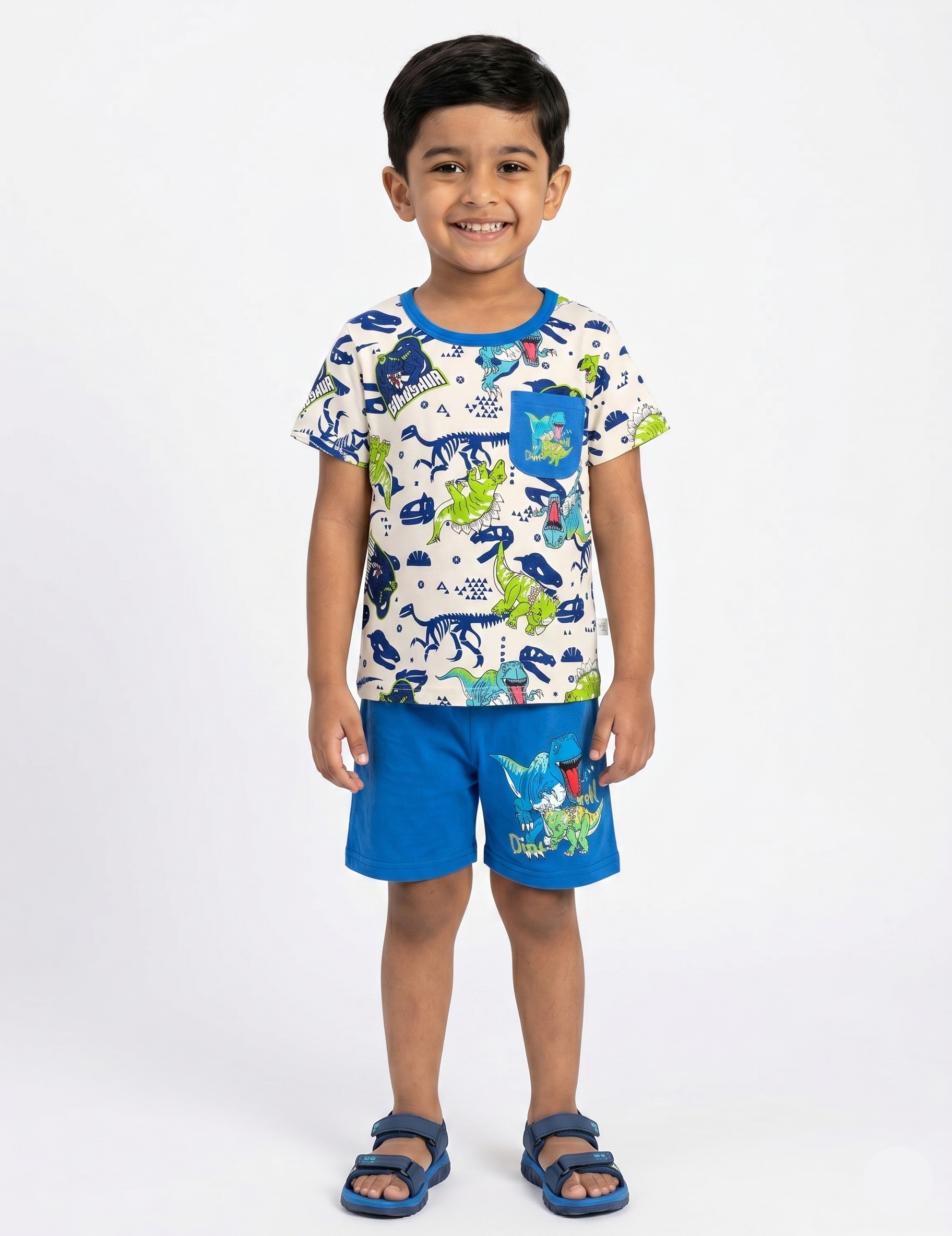 Boys' Casual Dino Adventure Two-Piece Set – Cream and Blue Playwear