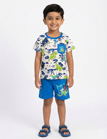 Boys' Casual Dino Adventure Two-Piece Set – Cream and Blue Playwear