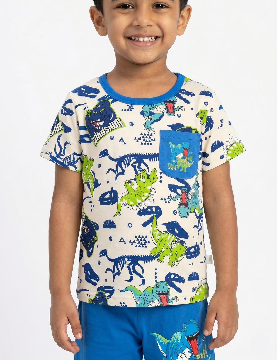 Boys' Casual Dino Adventure Two-Piece Set – Cream and Blue Playwear