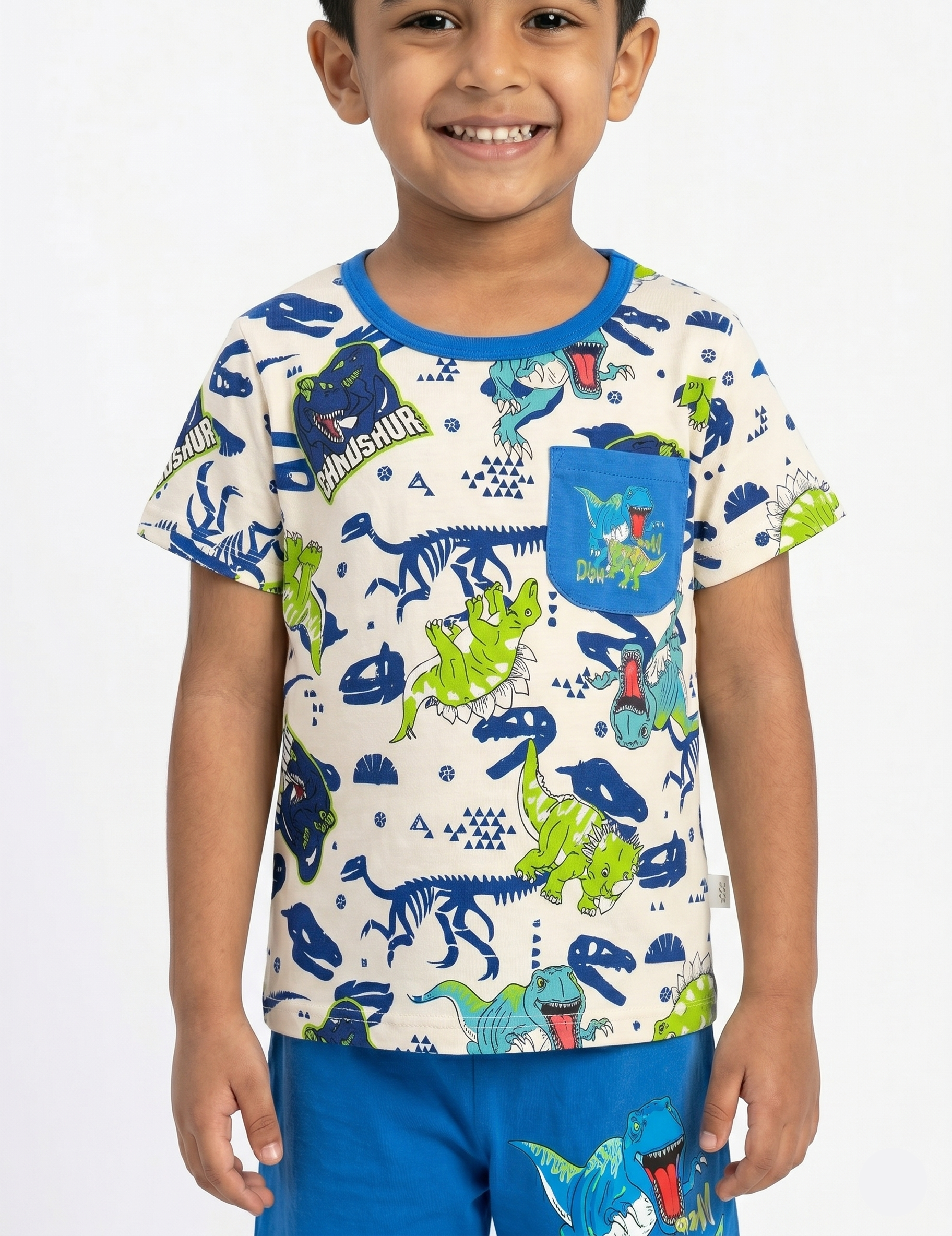 Boys' Casual Dino Adventure Two-Piece Set – Cream and Blue Playwear