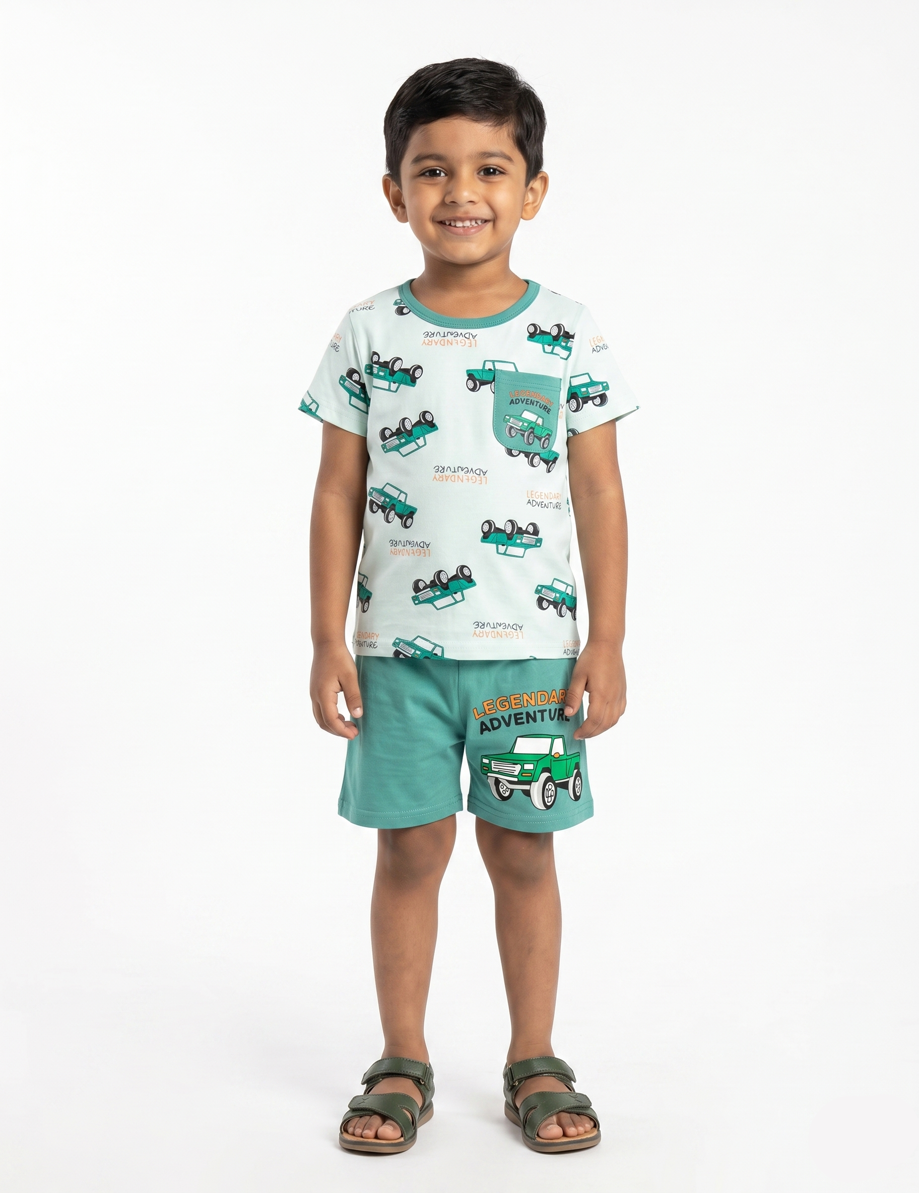 Boys' Casual Truck Print Two-Piece Summer Outfit – Mint and Green