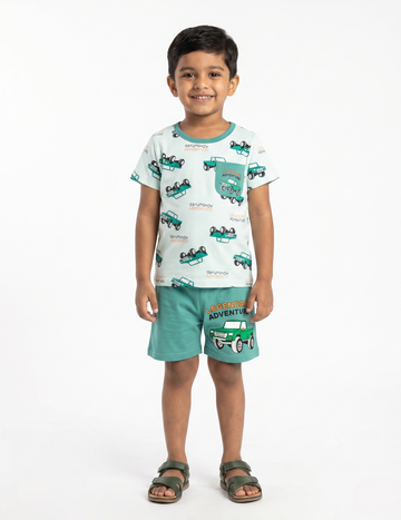 Boys' Casual Truck Print Two-Piece Summer Outfit – Mint and Green