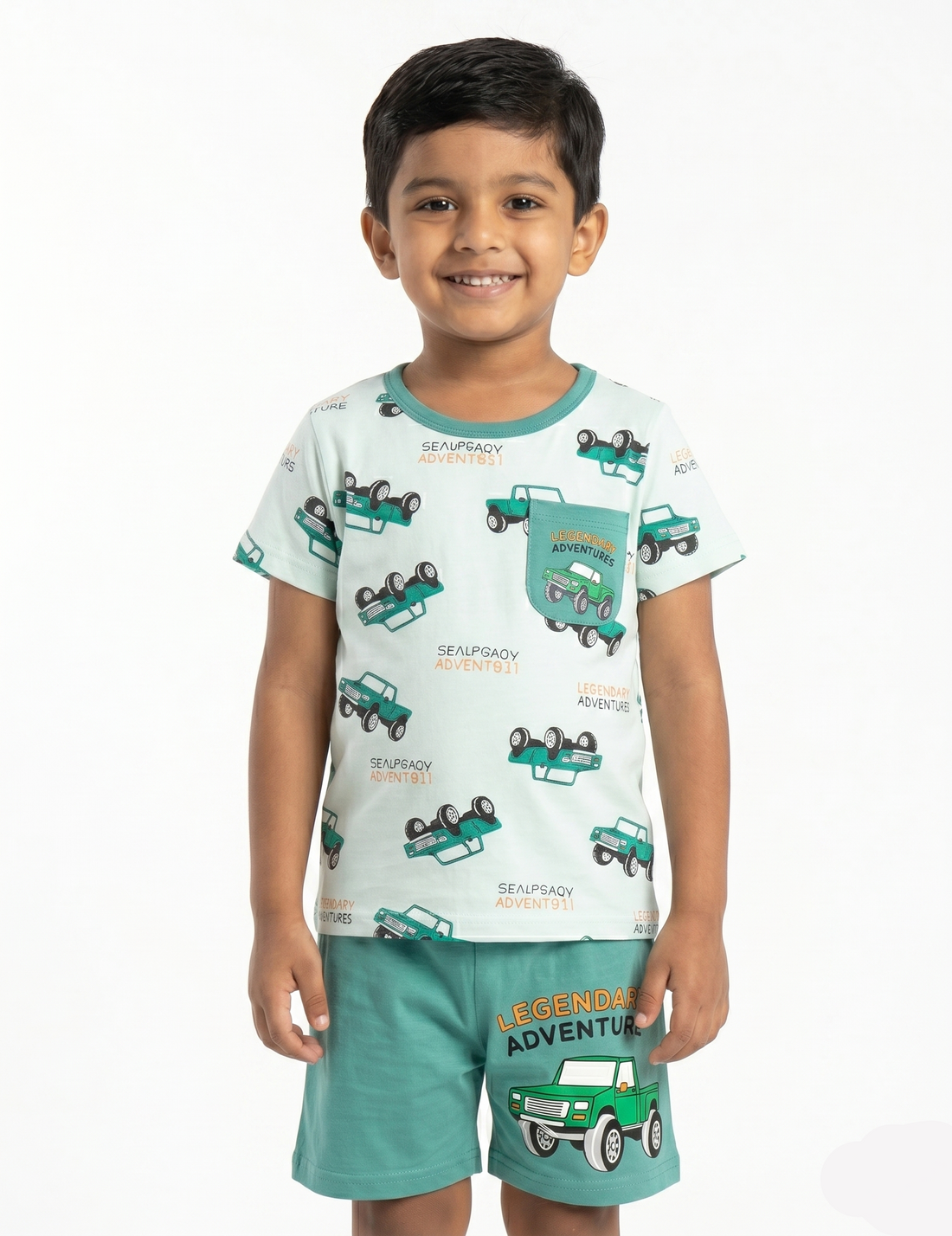 Boys' Casual Truck Print Two-Piece Summer Outfit – Mint and Green