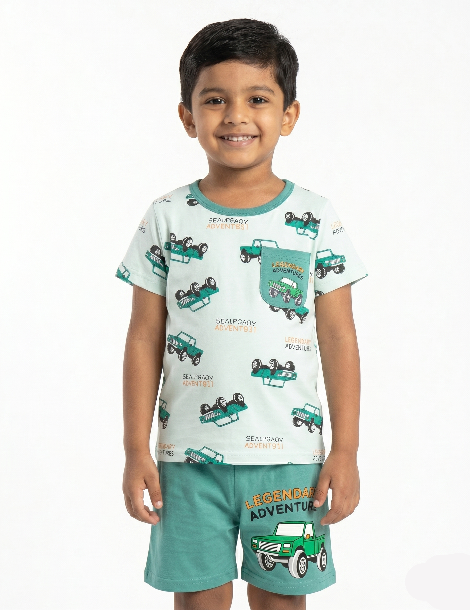 Boys' Casual Truck Print Two-Piece Summer Outfit – Mint and Green