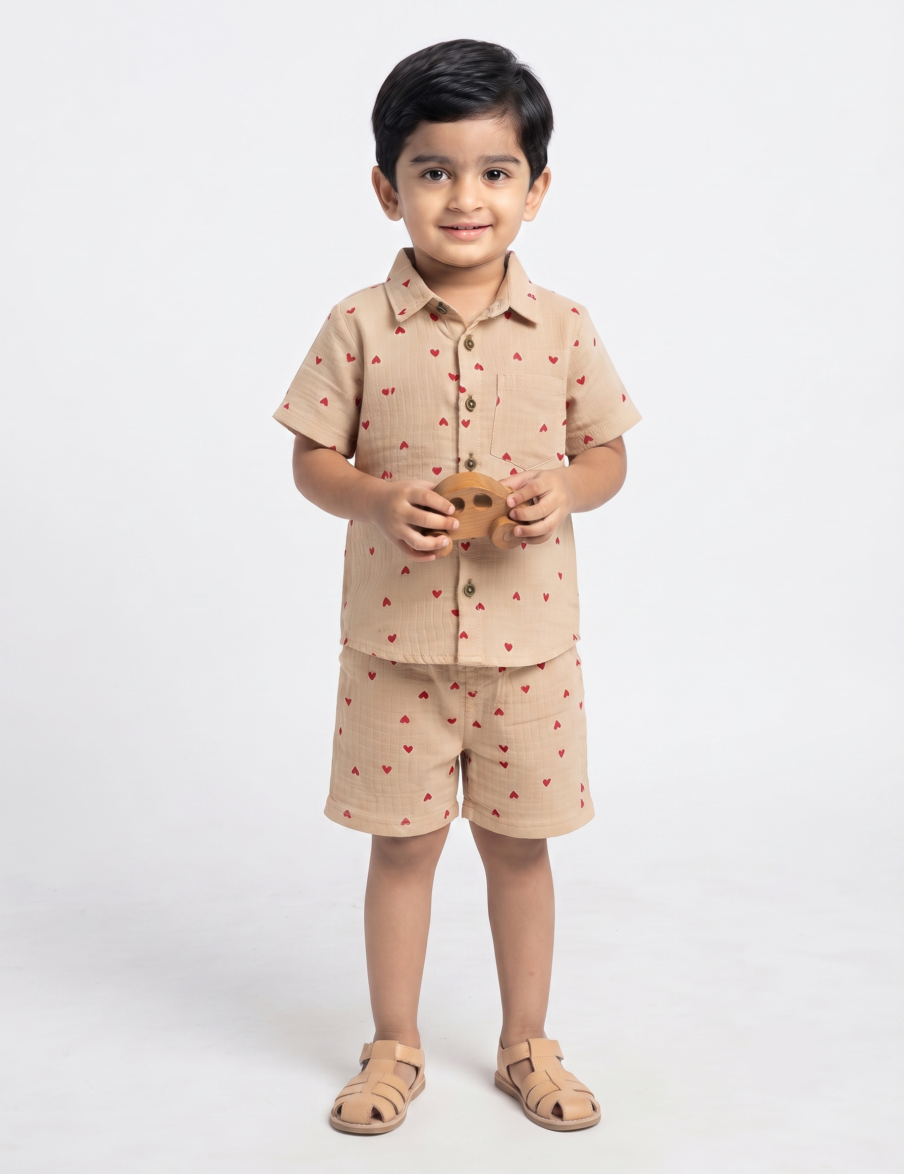 Beige Muslin Heart Print Short-Sleeve Shirt and Shorts Co-Ord Set for Boys