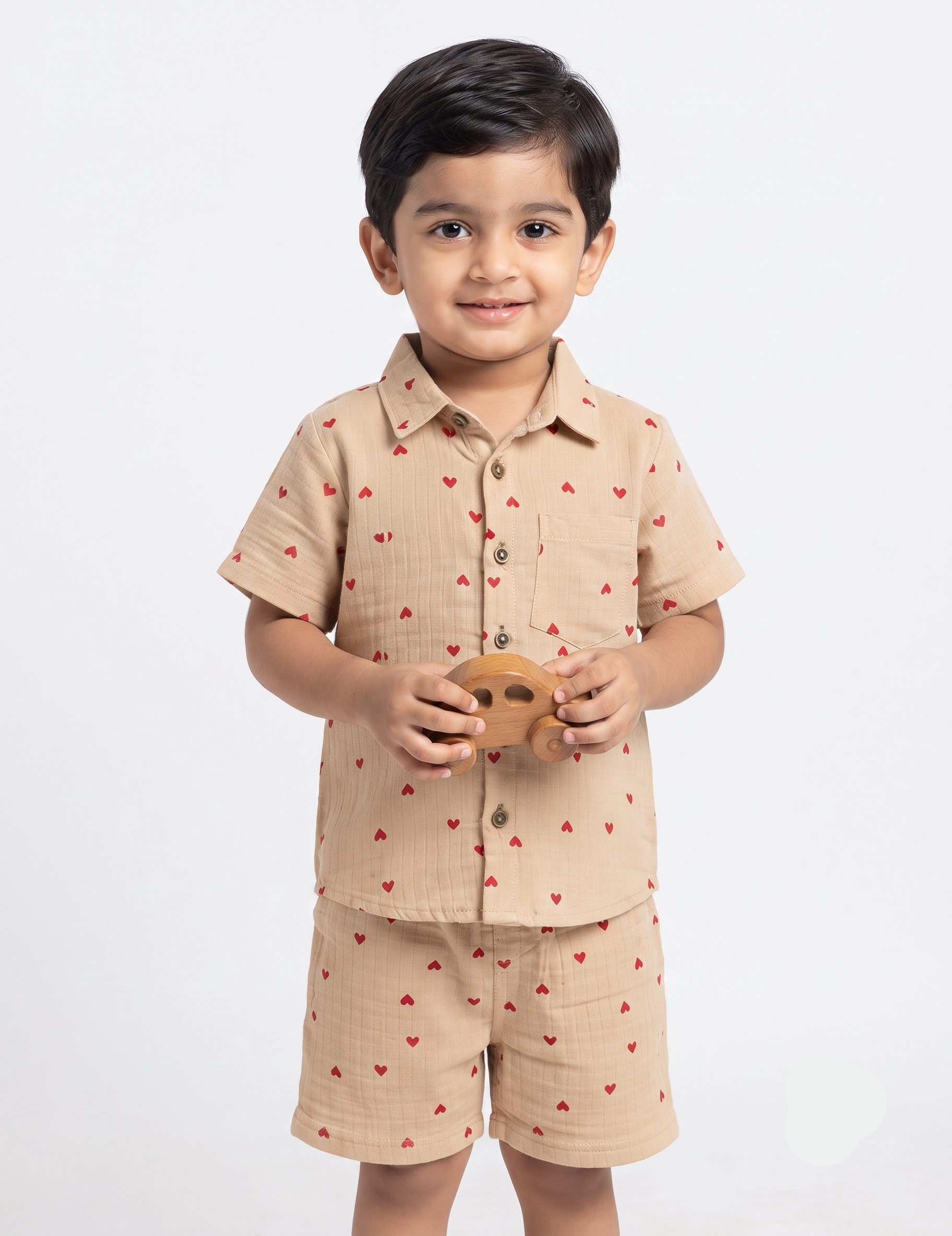 Beige Muslin Heart Print Short-Sleeve Shirt and Shorts Co-Ord Set for Boys