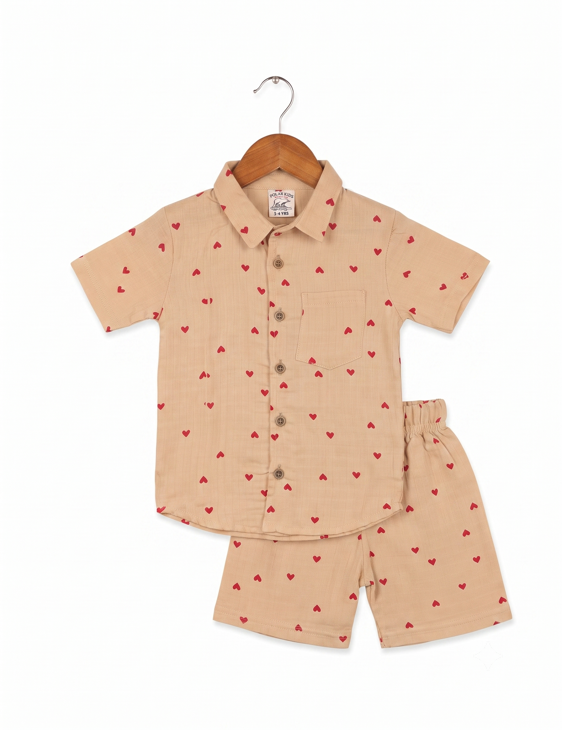 Beige Muslin Heart Print Short-Sleeve Shirt and Shorts Co-Ord Set for Boys