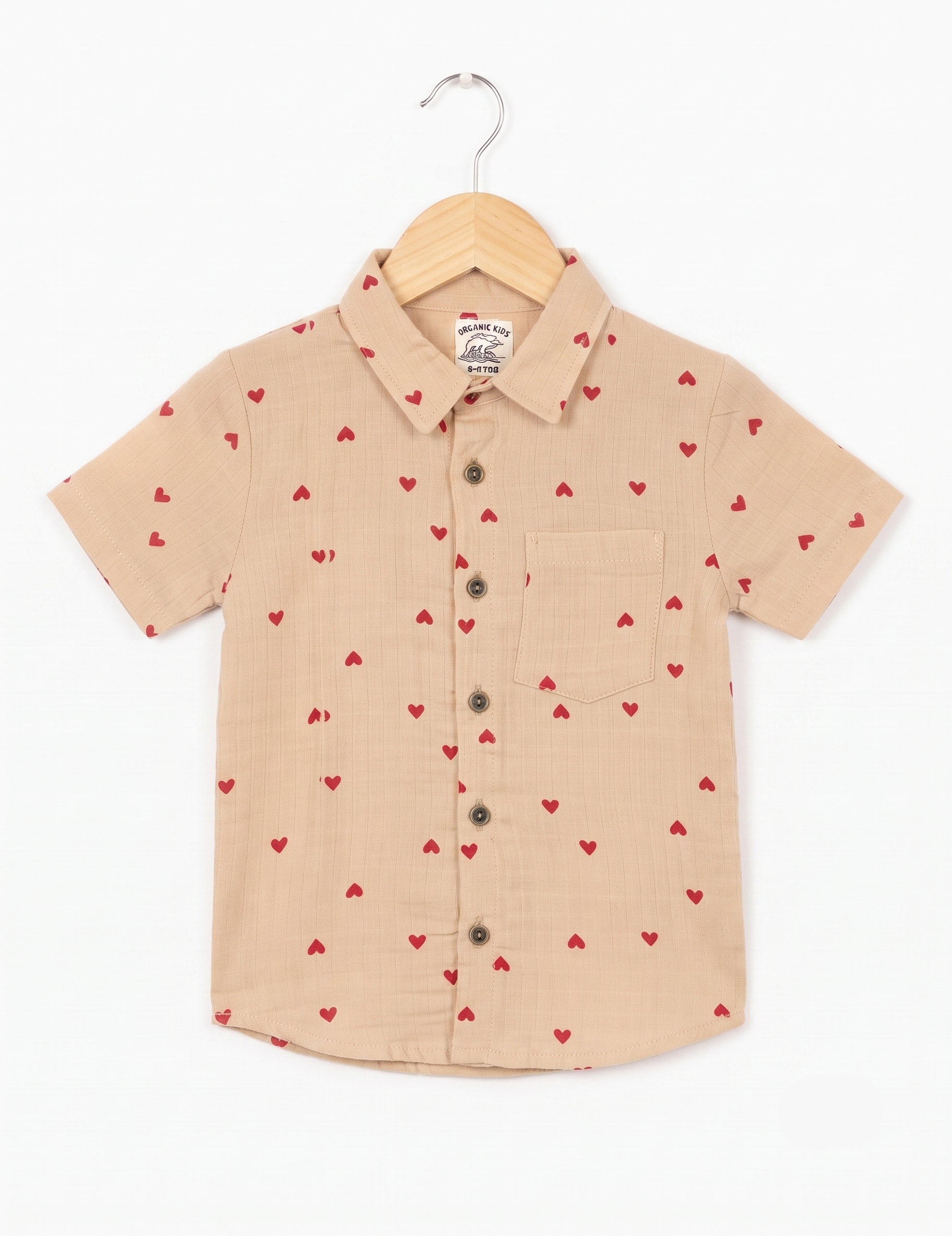 Beige Muslin Heart Print Short-Sleeve Shirt and Shorts Co-Ord Set for Boys
