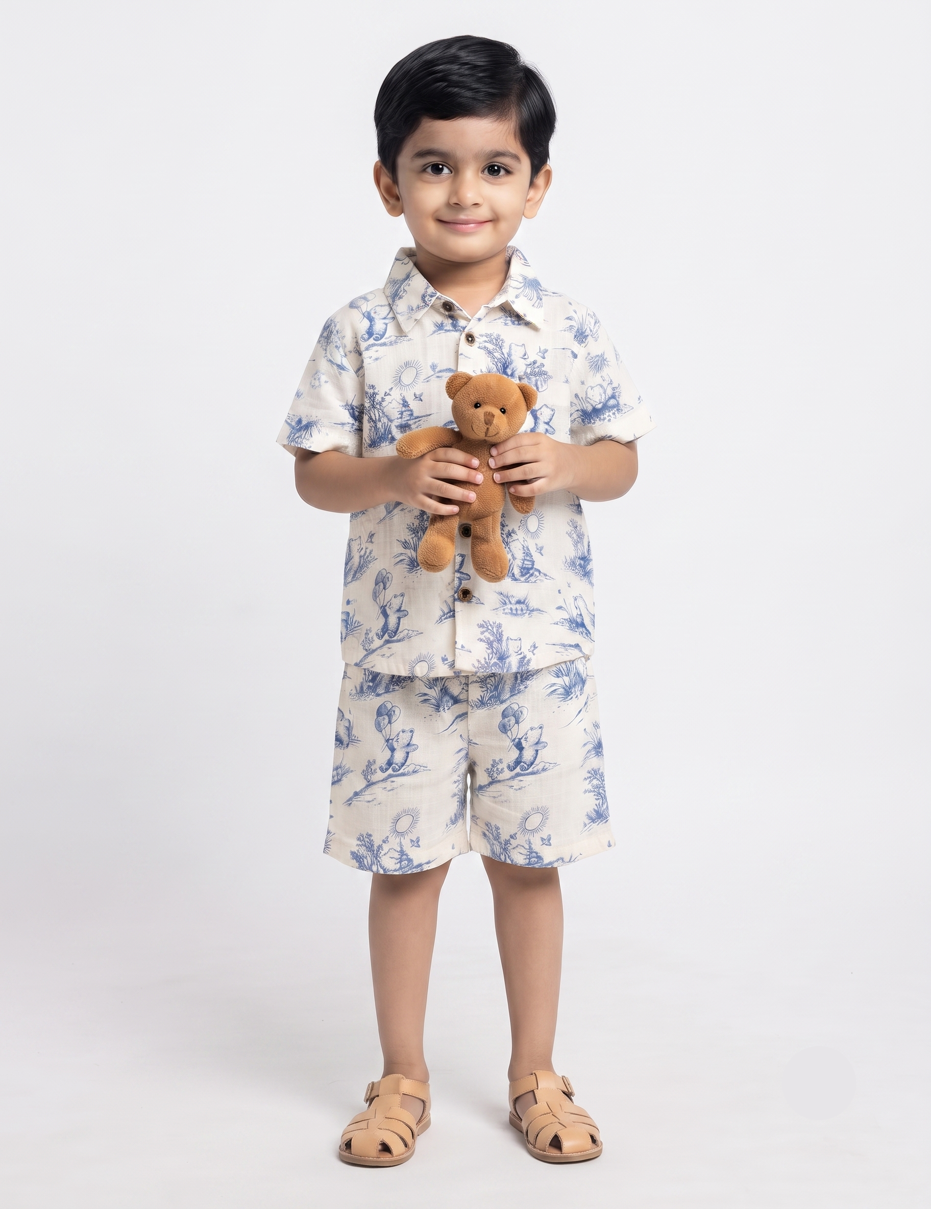 White and Blue Muslin Bear Print Short-Sleeve Shirt and Shorts Co-Ord Set