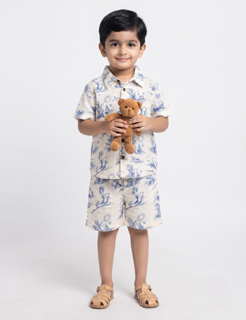 White and Blue Muslin Bear Print Short-Sleeve Shirt and Shorts Co-Ord Set