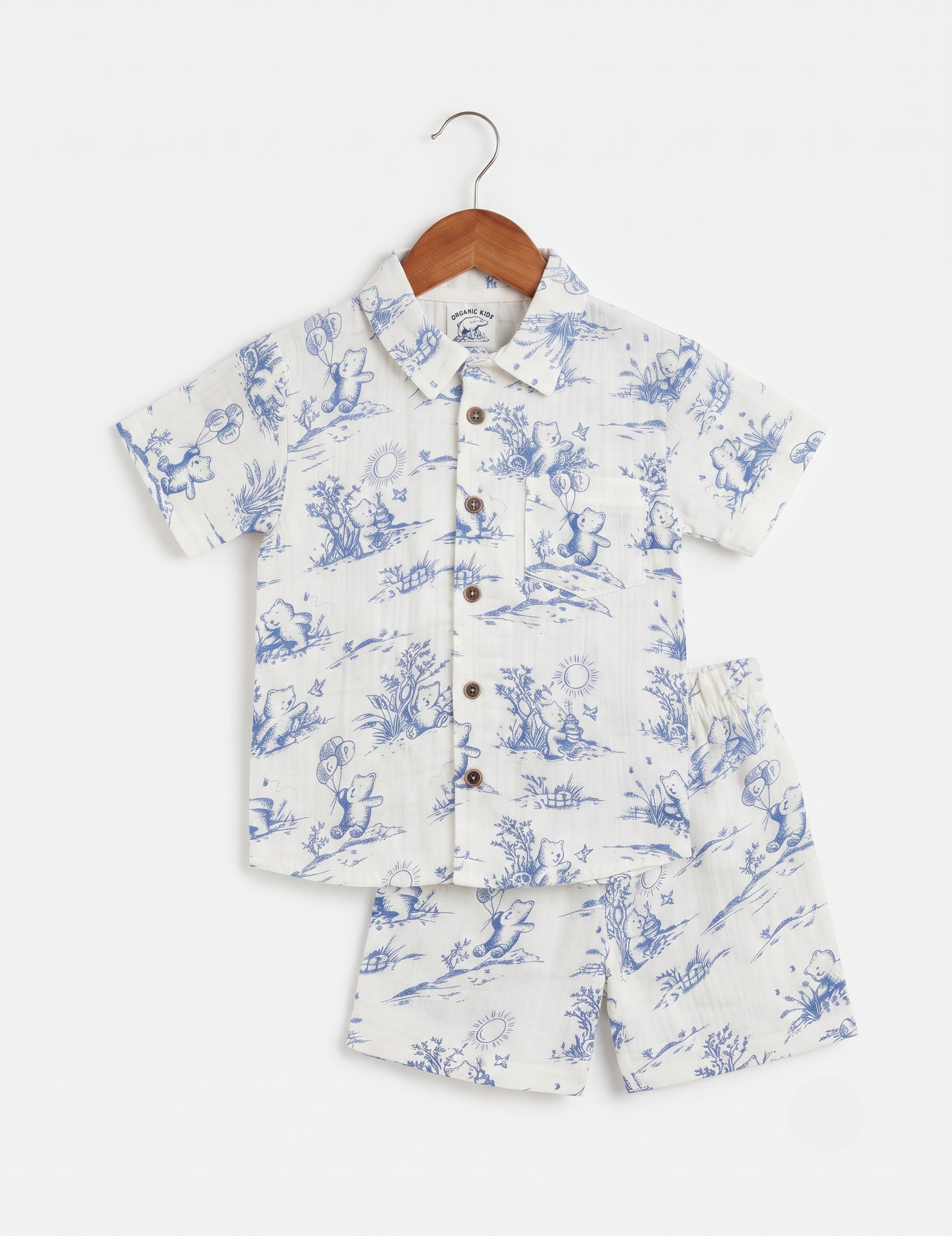 White and Blue Muslin Bear Print Short-Sleeve Shirt and Shorts Co-Ord Set