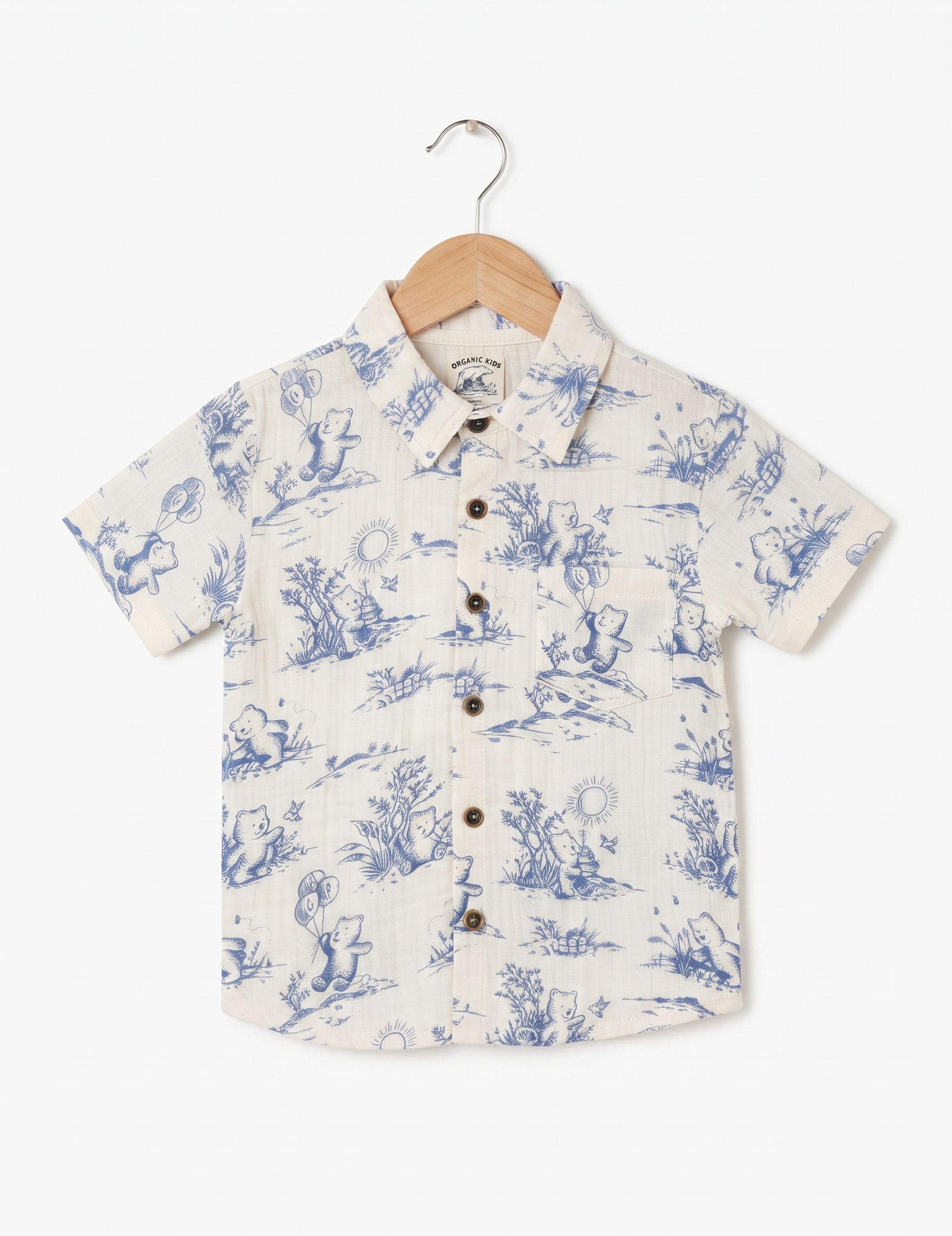 White and Blue Muslin Bear Print Short-Sleeve Shirt and Shorts Co-Ord Set