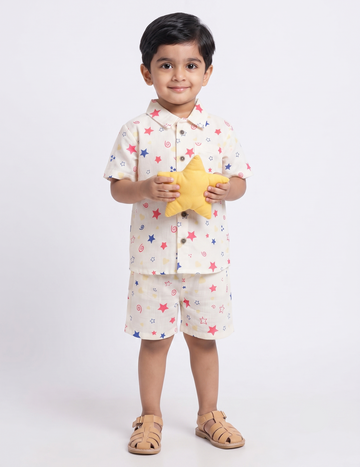 White Multicolor Star Print Muslin Short-Sleeve Shirt and Shorts Co-Ord Set
