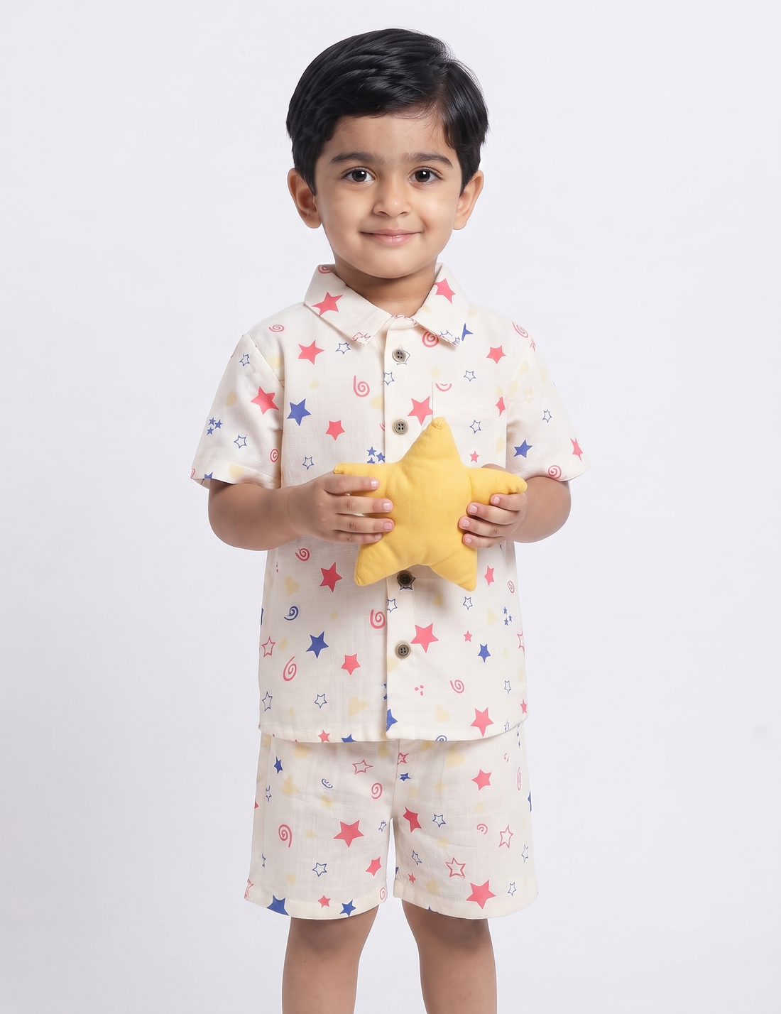 White Multicolor Star Print Muslin Short-Sleeve Shirt and Shorts Co-Ord Set