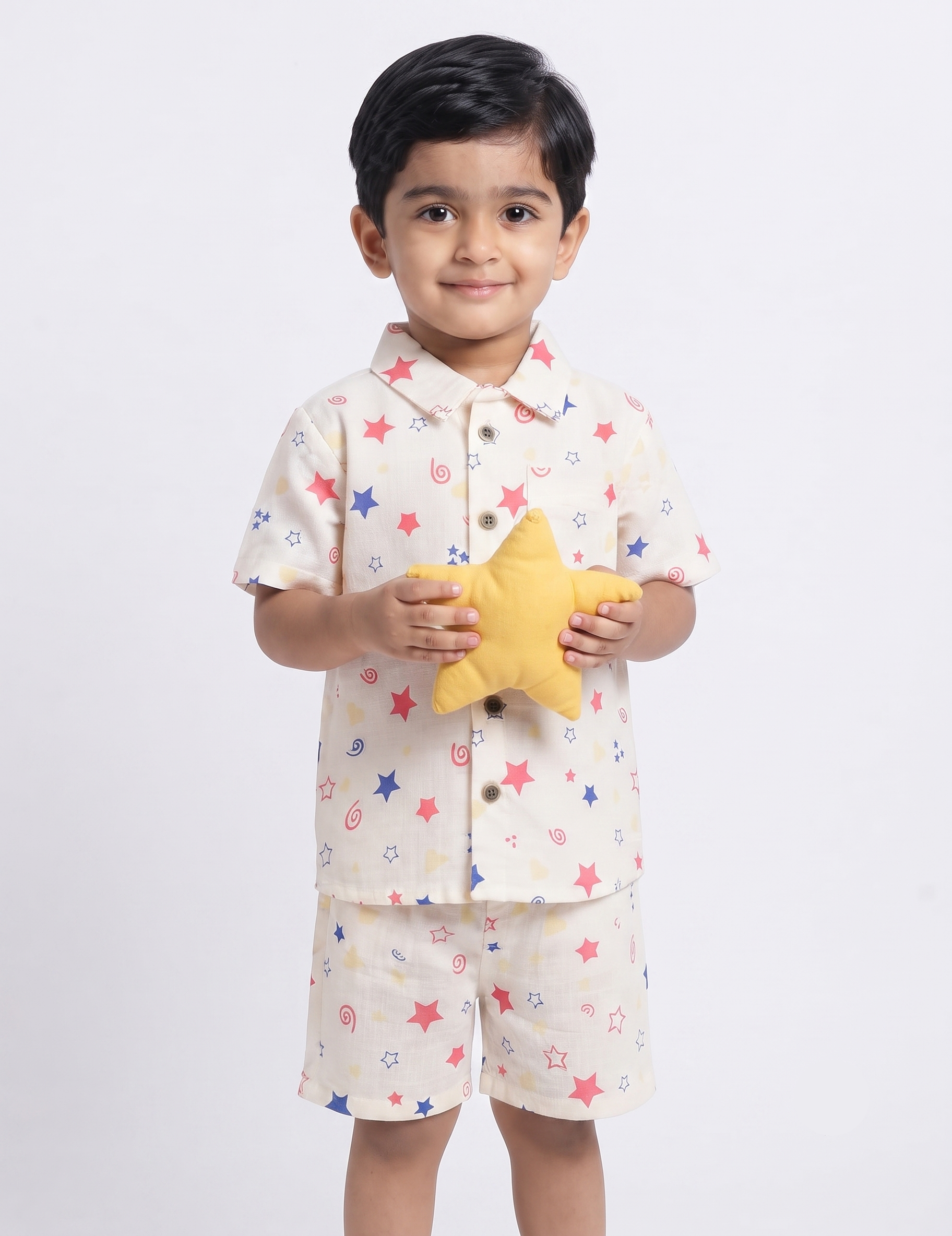 White Multicolor Star Print Muslin Short-Sleeve Shirt and Shorts Co-Ord Set