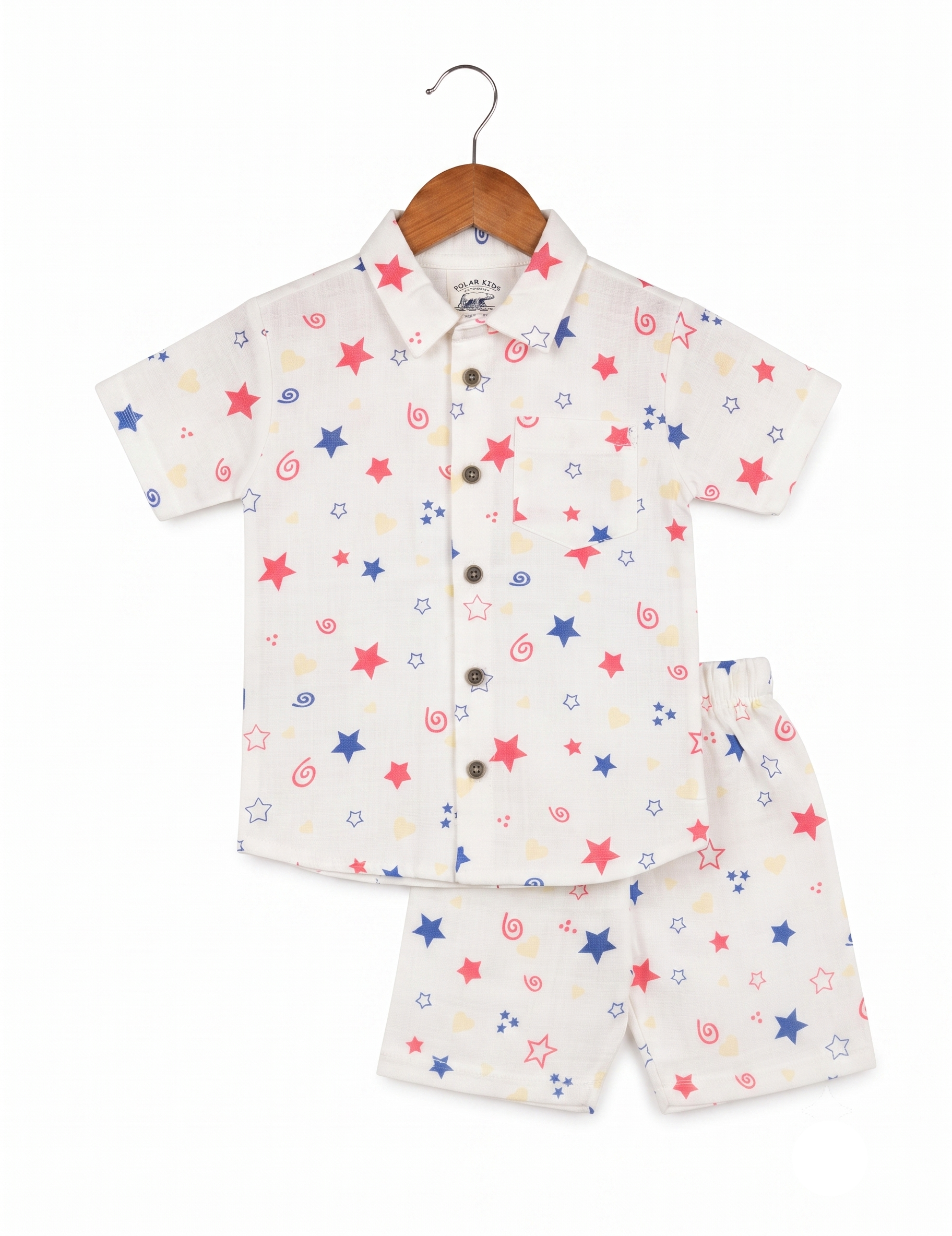 White Multicolor Star Print Muslin Short-Sleeve Shirt and Shorts Co-Ord Set