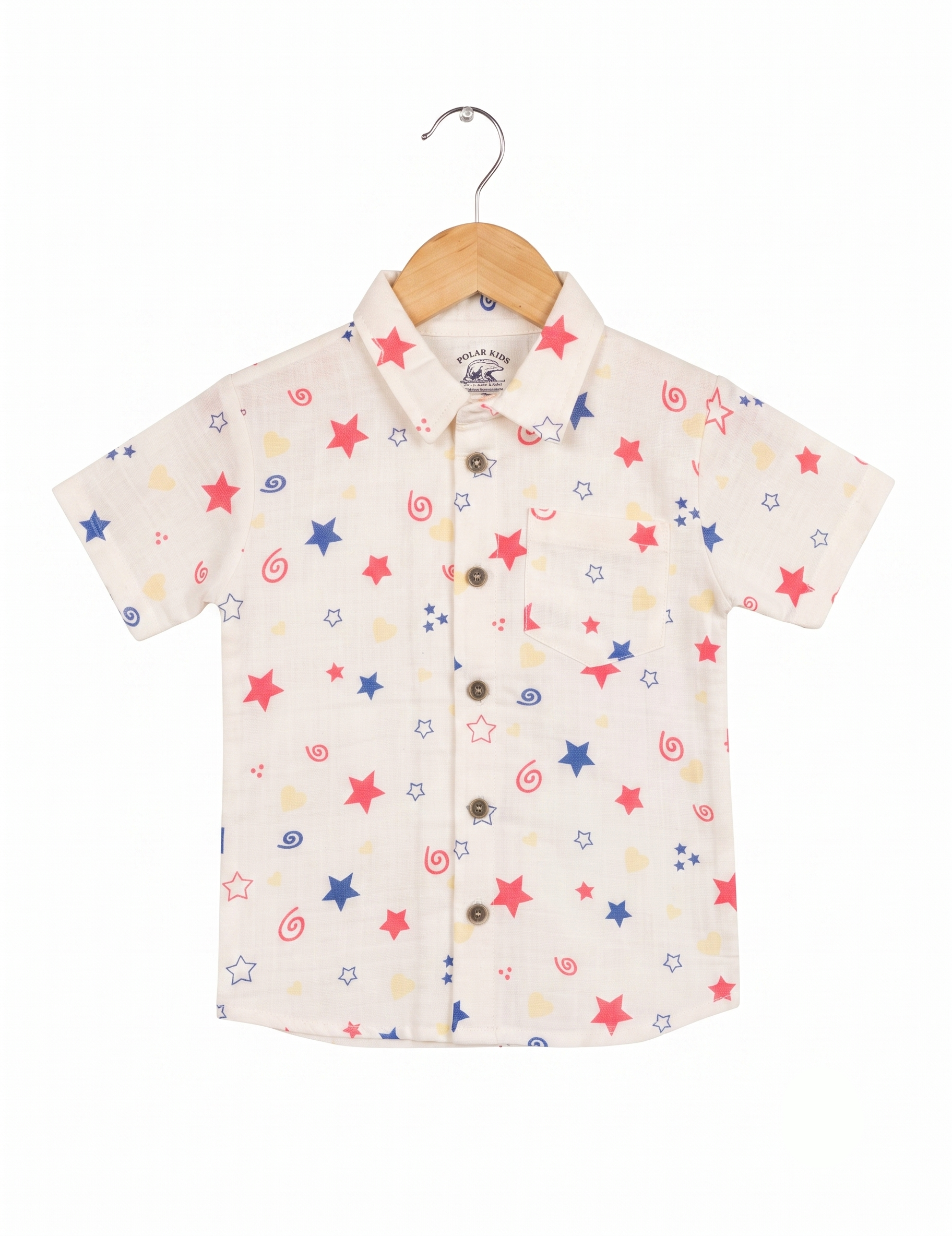 White Multicolor Star Print Muslin Short-Sleeve Shirt and Shorts Co-Ord Set