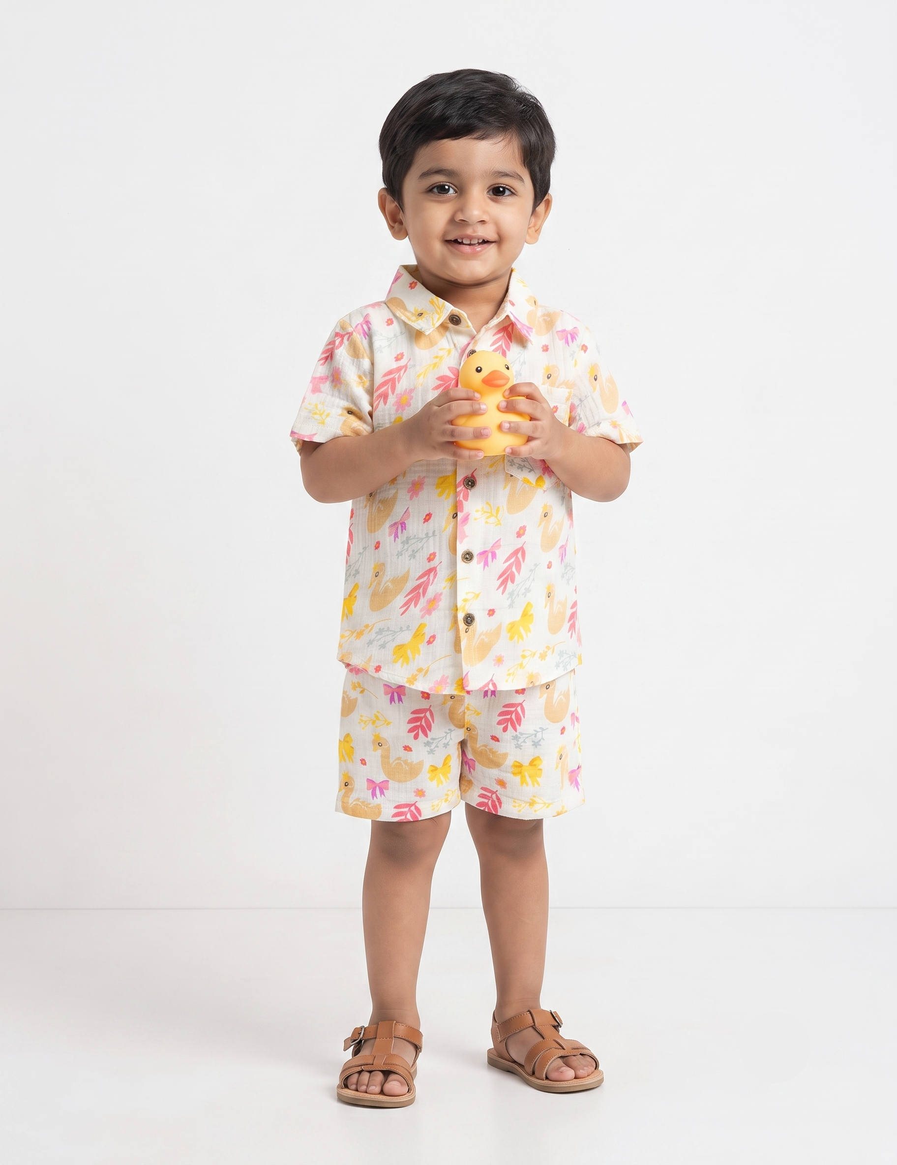 White Floral Swan Print Muslin Short-Sleeve Shirt and Shorts Co-Ord Set