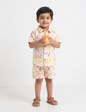 White Floral Swan Print Muslin Short-Sleeve Shirt and Shorts Co-Ord Set