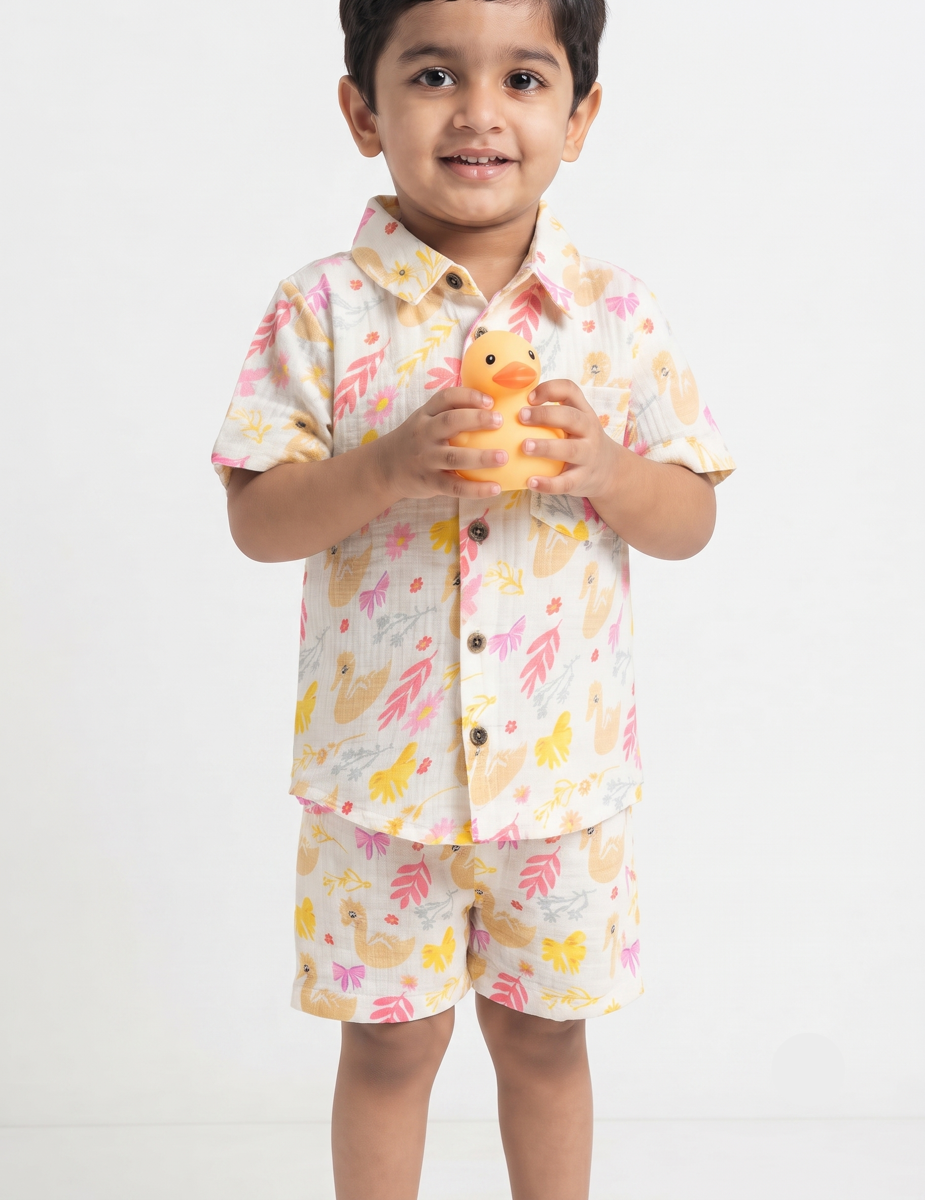 White Floral Swan Print Muslin Short-Sleeve Shirt and Shorts Co-Ord Set