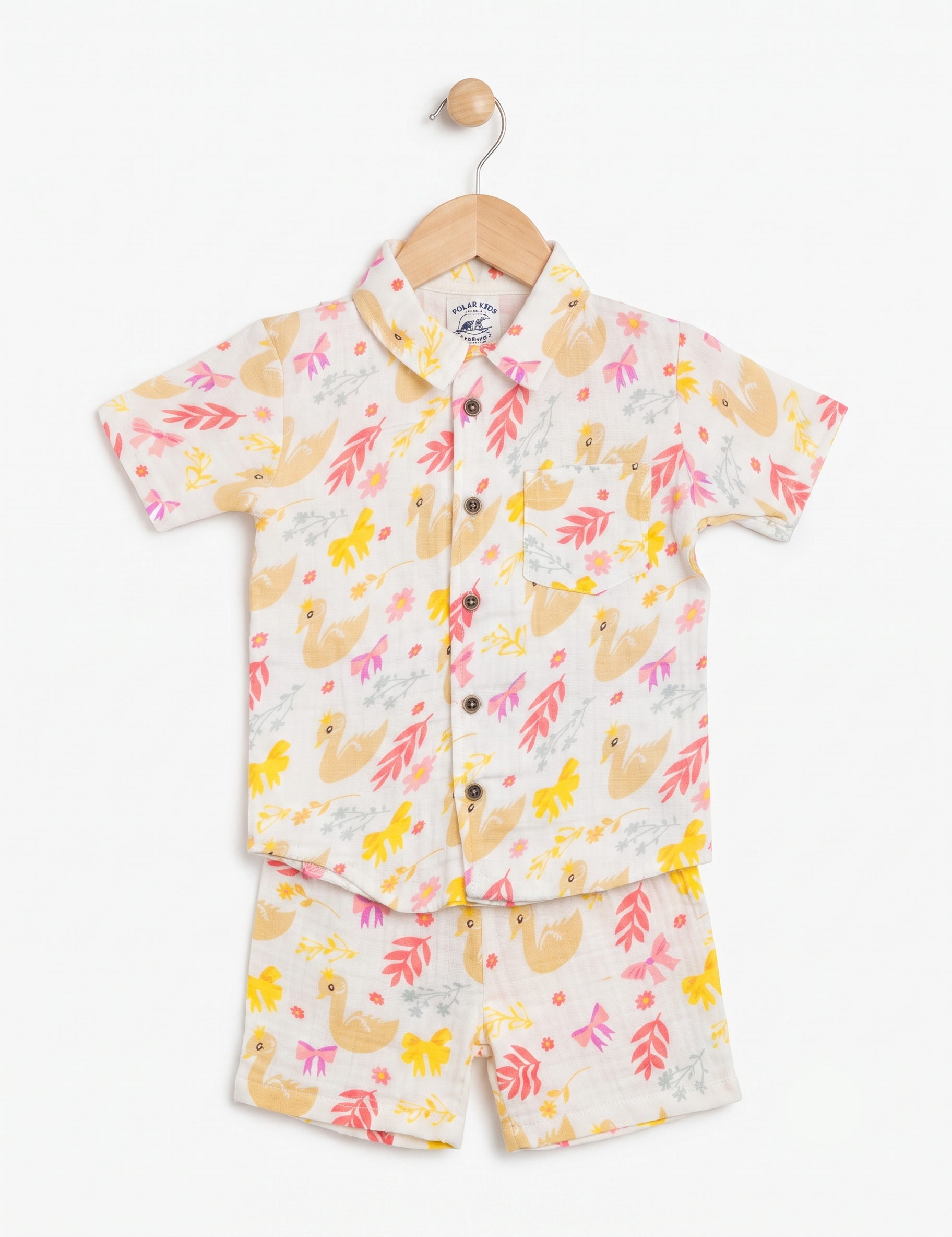 White Floral Swan Print Muslin Short-Sleeve Shirt and Shorts Co-Ord Set